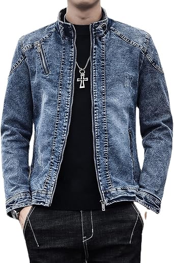 Washed Distressed Denim Fleece Jacket for Men Casual Zip up Stand Collar Faux Fur Lined Trucker Jacket