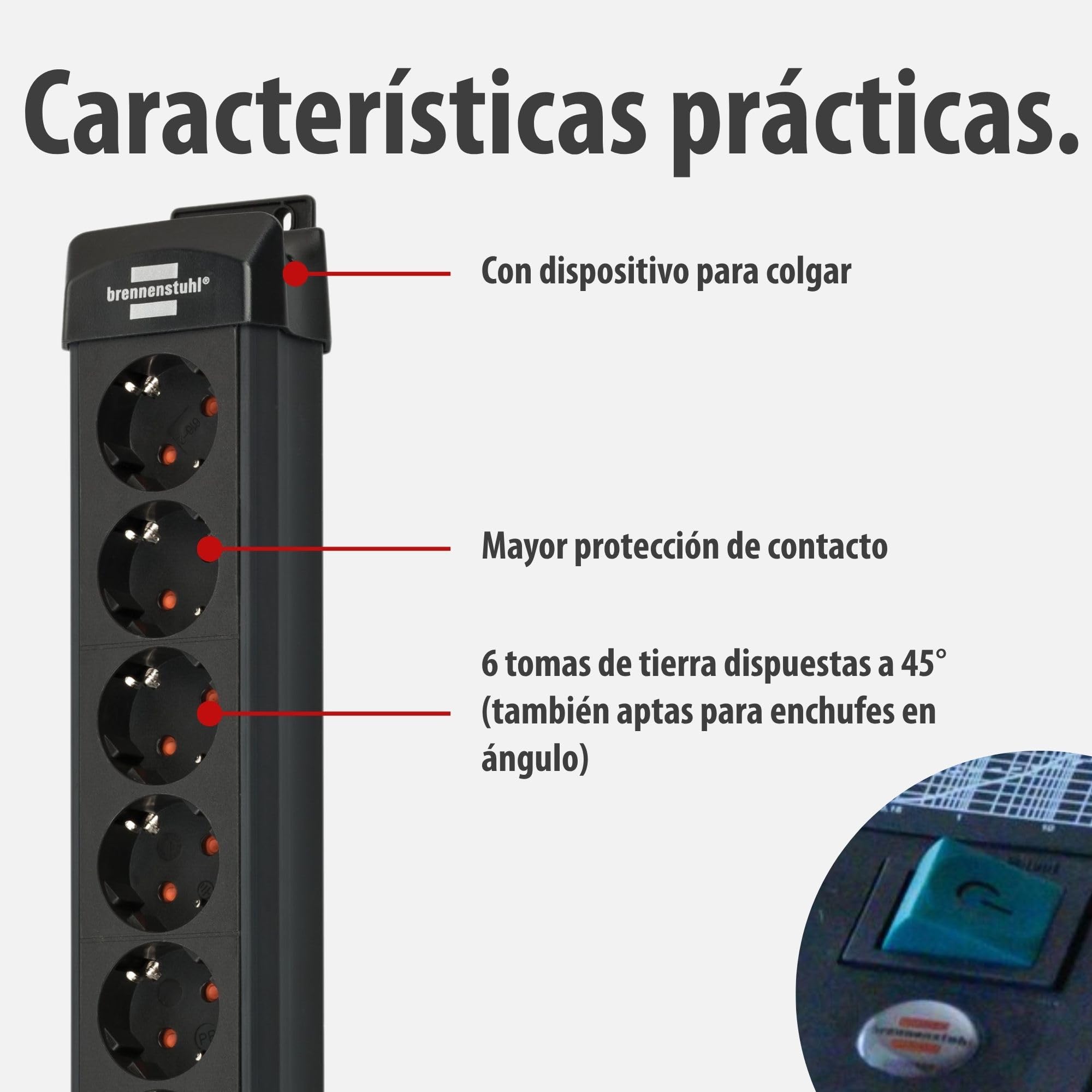 Brennenstuhl Premium-Line regleta enchufes de 6 Tomas con protección contra sobretensiones hasta 60.000 A (Cable de 3 m, Interruptor, montable, Fabricado en Alemania) Negro