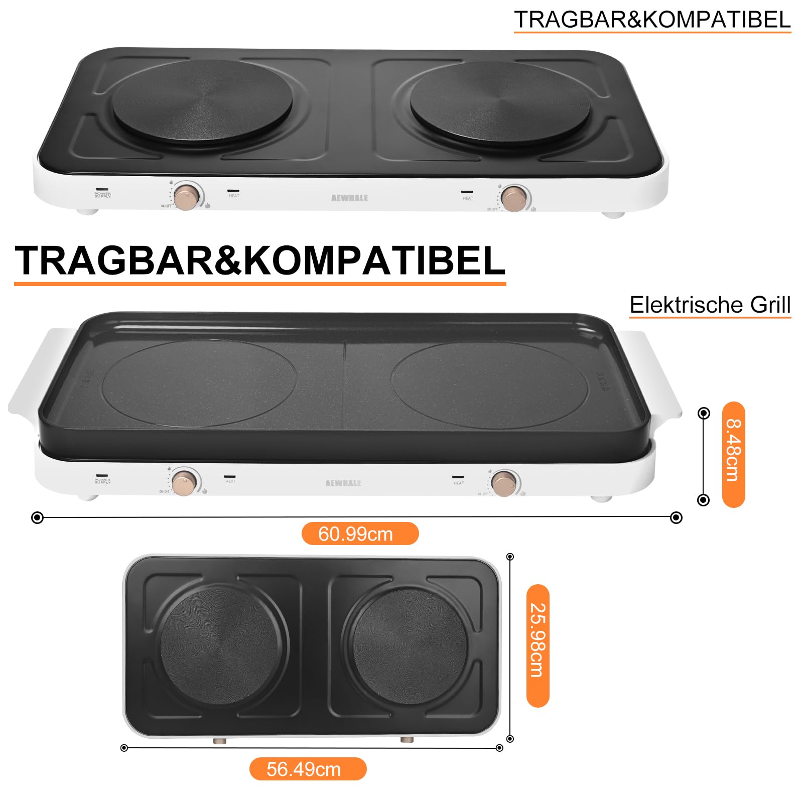 AEWHALE Kochplatten 2er Elektrisch mit abnehmbarer keramischer Griddle-Pfanne Antihaft, 1000W+1000W, Schwarz