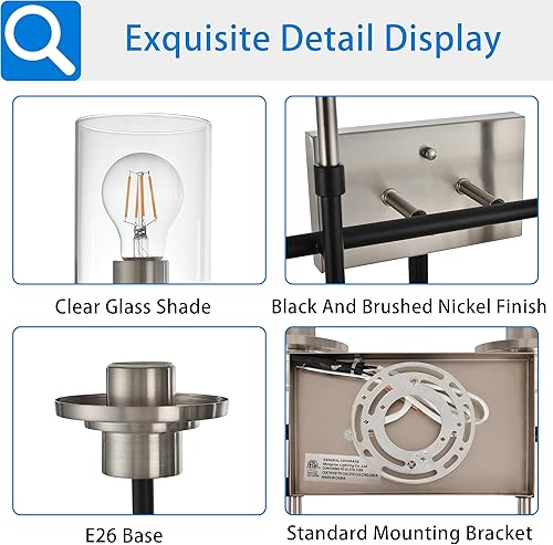 Miniatura 2 de MELUCEE Accesorios de iluminación de baño sobre el espejo, aplique de pared de 2 luces, luz negra y acabado de níquel cepillado con pantalla de