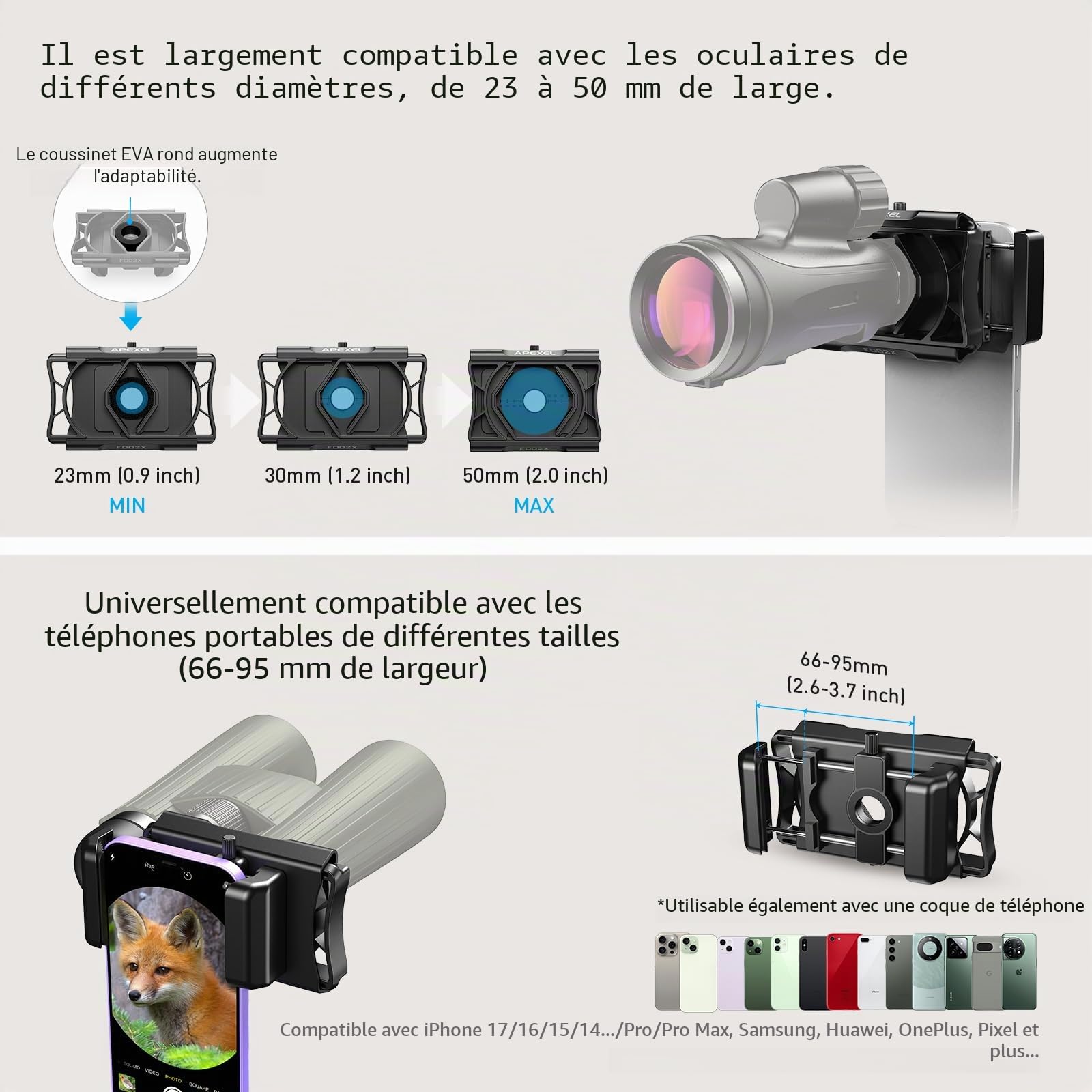 APEXEL Mise à Niveau Adaptateur de téléphone Portable avec déclencheur à Distance,Rotation à 360 °Compatible avec Jumelles monoculaires et microscopes,Adaptateur télescopique pour Smartphones