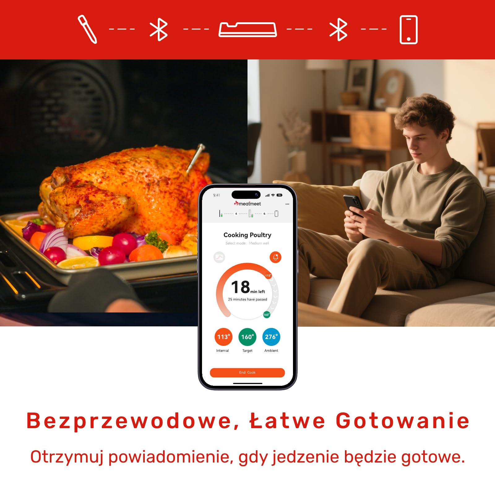 S Pro bezprzewodowy termometr do mięsa Bluetooth, 1 ultracienka sonda z 6 czujnikami, inteligentne monitorowanie aplikacji, wodoodporność IP69, cyfrowy termometr do gotowania do kuchni