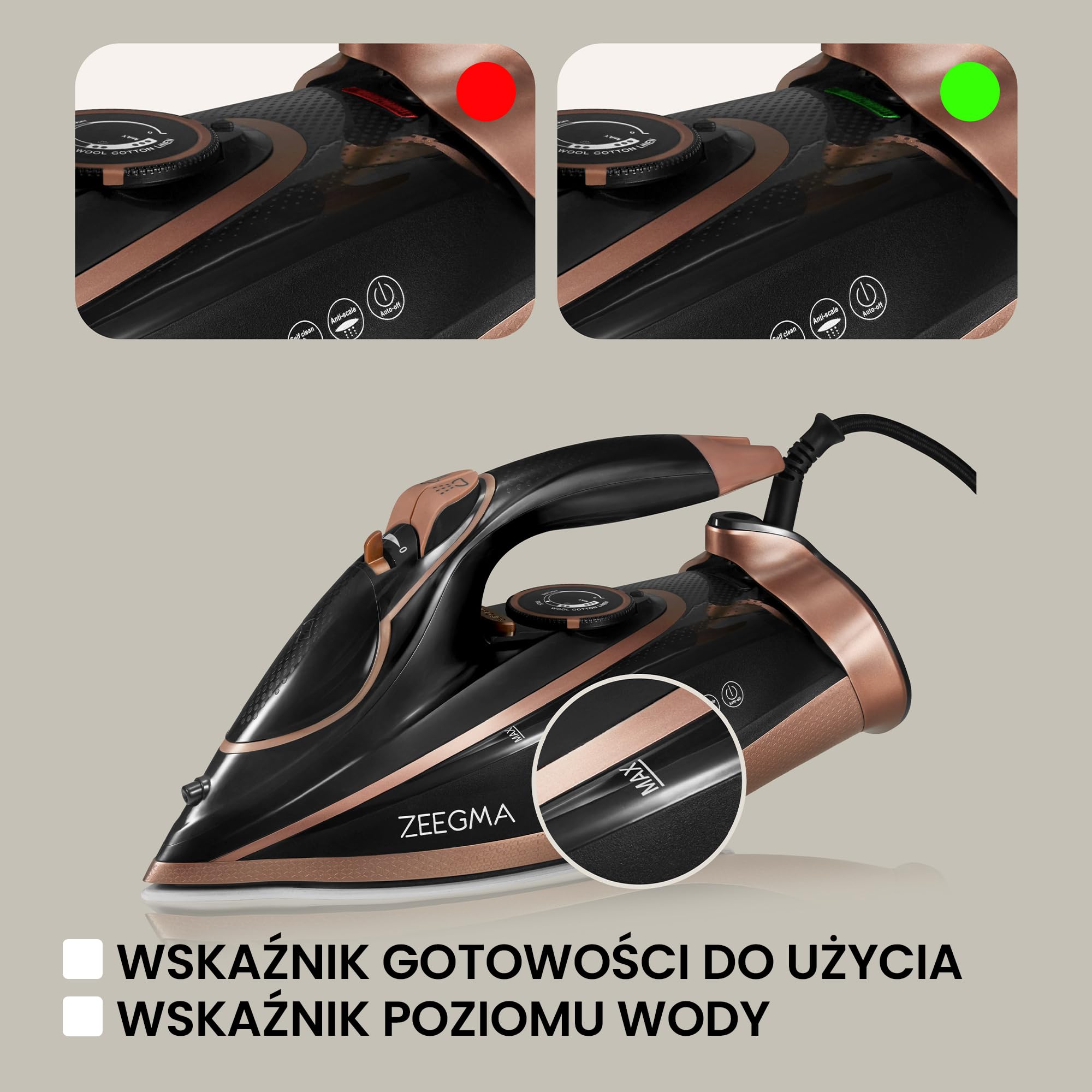 ZEEGMA IRONEE BASE Przewodowe Żelazko Parowe z Powłoką Ceramiczną 3100W, Prasowanie na Sucho i Parą 40g/min, Zbiornik 320 ml Funkcja Samoczyszczenia, Anti-Drip oraz Anti-Calc