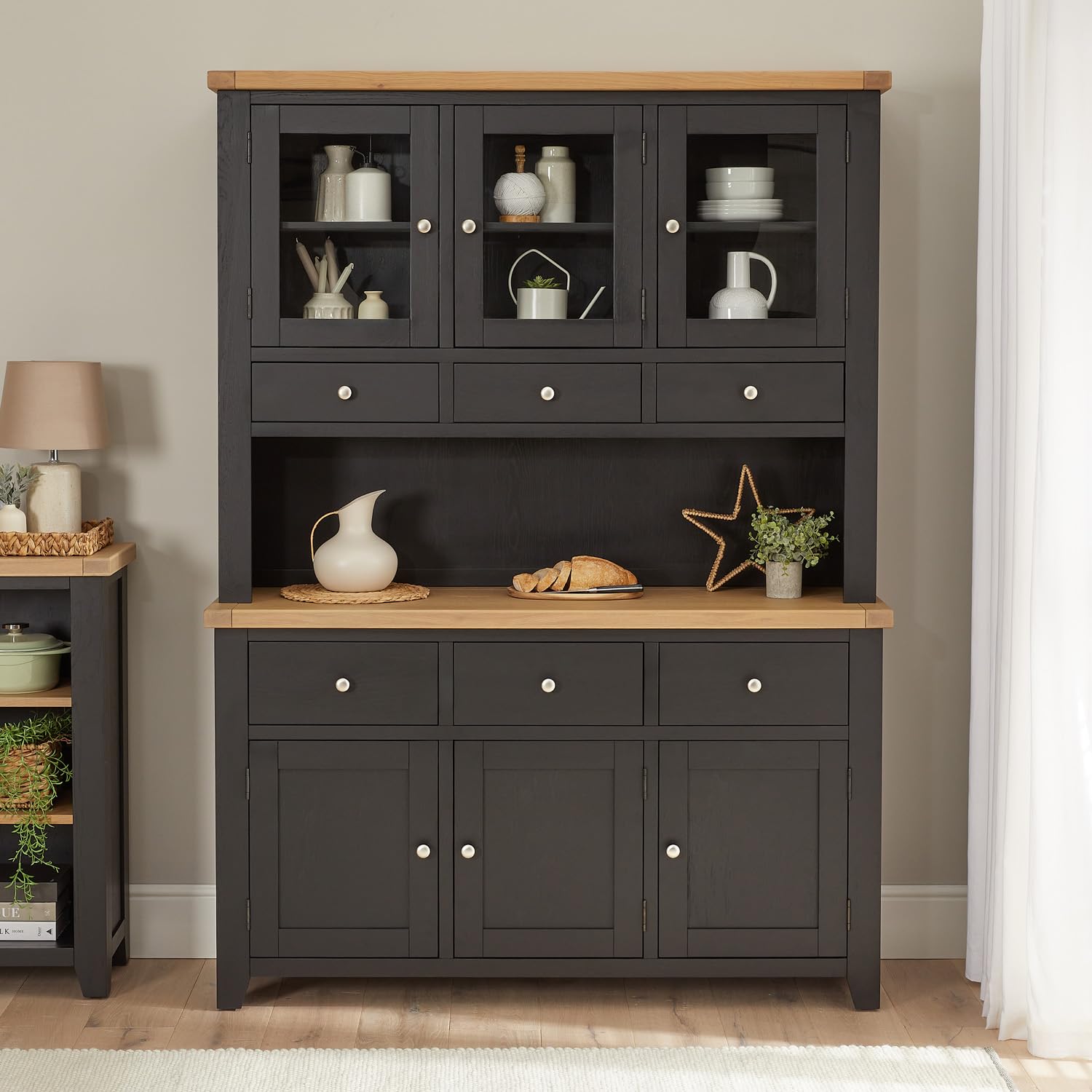 The Furniture Market Cheshire Black Painted Oak Large Glazed Dresser Sideboard, Matt Black Finish, Brushed Steel & Oak Knob Handles, Versatile Storage Solution - H 2030 x W 1455 x D 430mm