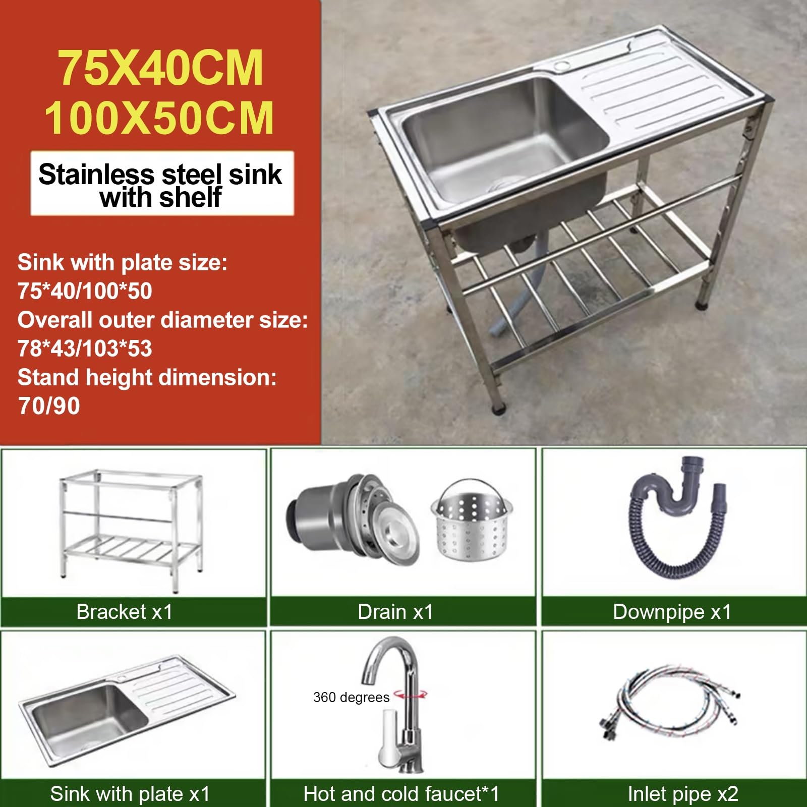 SDdPulse Lavello da cucina in acciaio inox con scolapiatti per rubinetto commerciale e ripiani portaoggetti, lavello autoportante per stanza, garage, cantina, uso esterno e interno, caldo e freddo