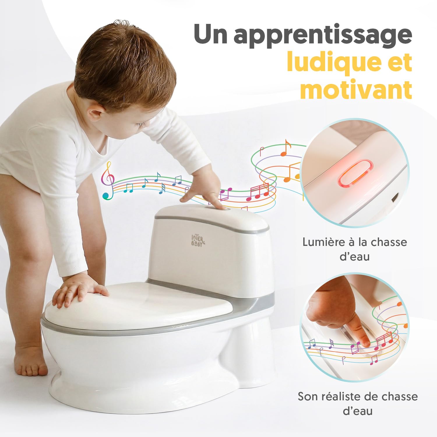 Interbaby Pot Bébé Toilette Musical avec Bruit de Chasse d'Eau | Pot Enfant | Apprentissage de la Propreté avec Lumière & Porte-Papier | Antidérapant, Cuvette Amovible | dès 18 Mois