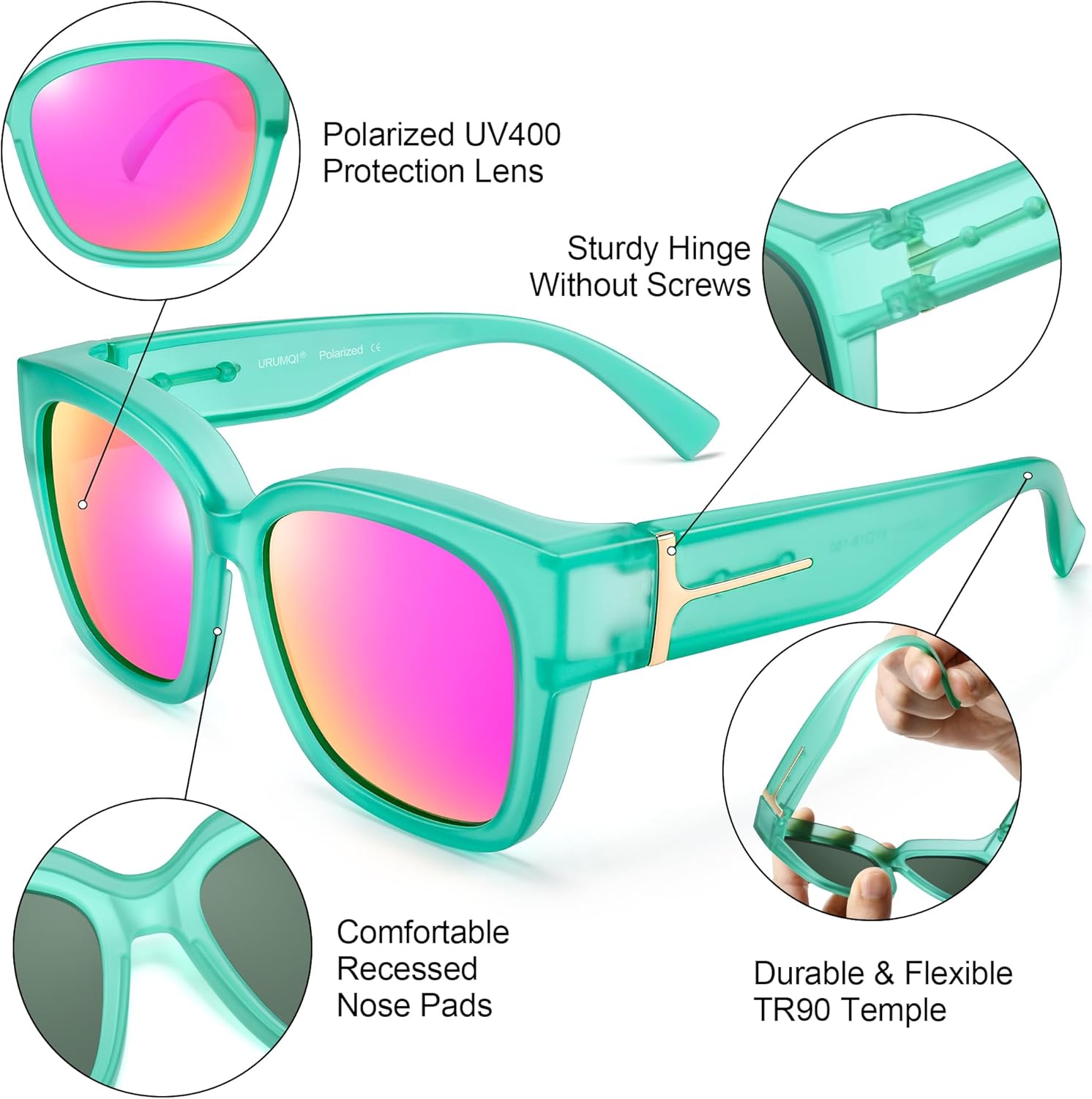 URUMQI Polarized Sunglasses Fit Over Glasses for Women, UV400 Protection Wrap-around Shades Trendy Oversized Square Lens - Image 5