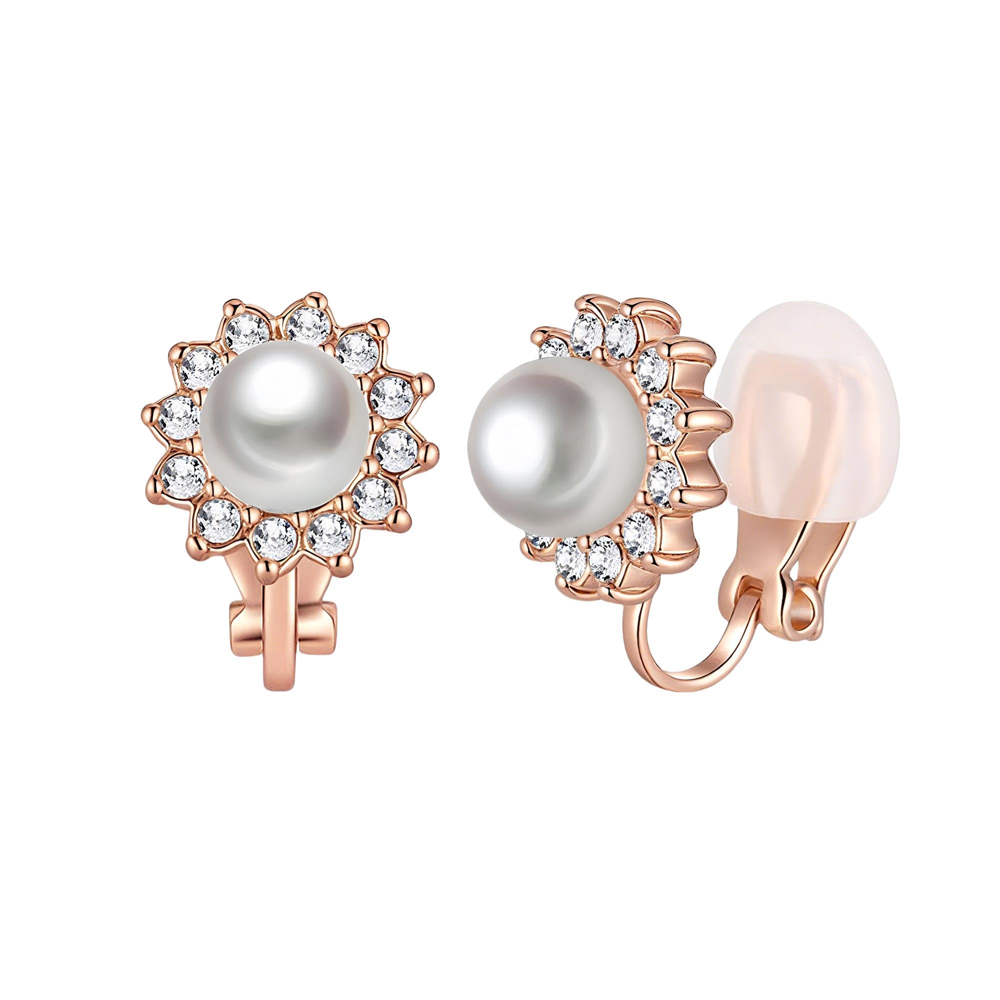 EVEVIC Pearl Clip On Earrings for Women, Austrian Crystal Halo