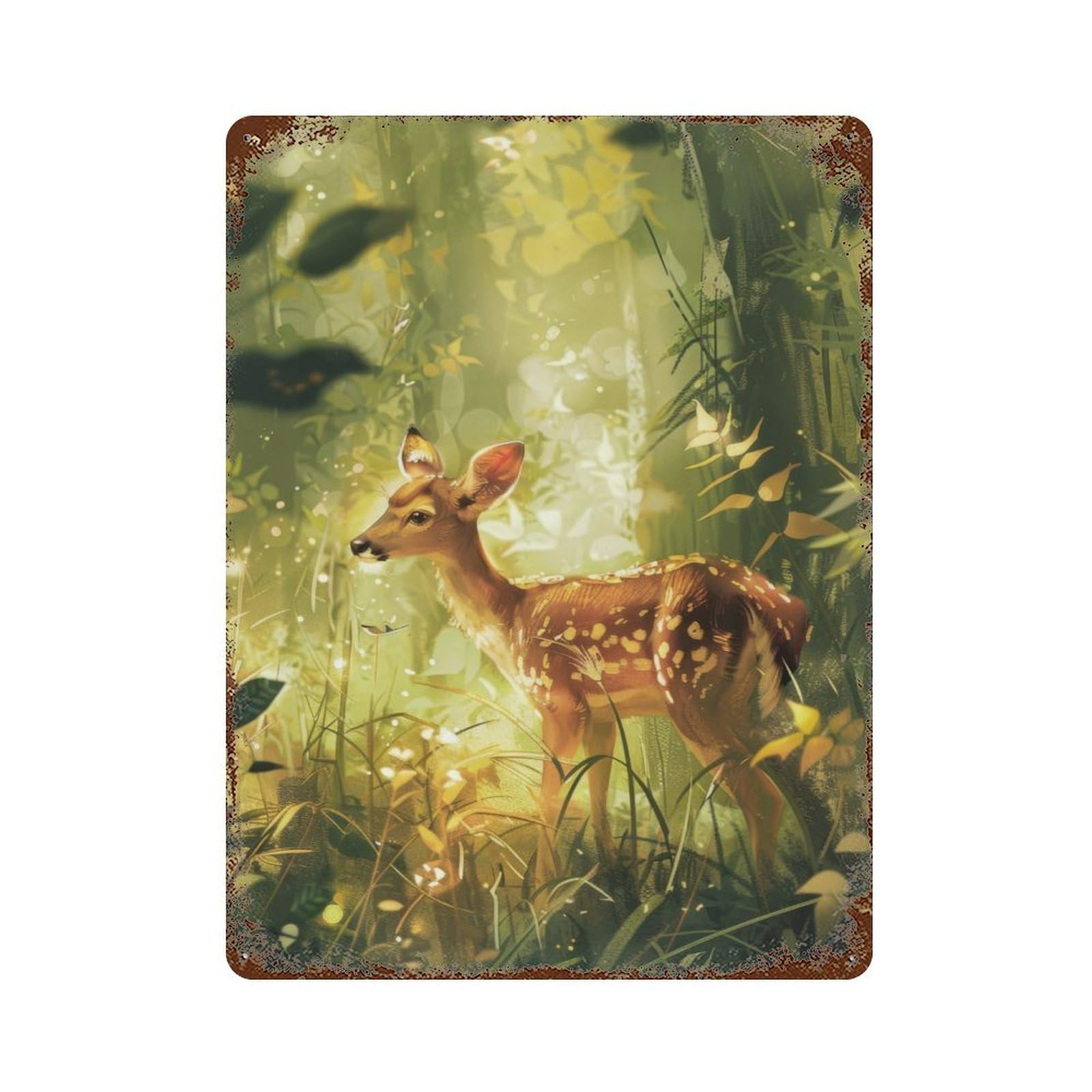 Fawn in Sunlit Glade Vintage Wall Sign 15.7"x11.8", Rust Effect Metal Decor for Farmhouse, Kitchen And Entryway Decor