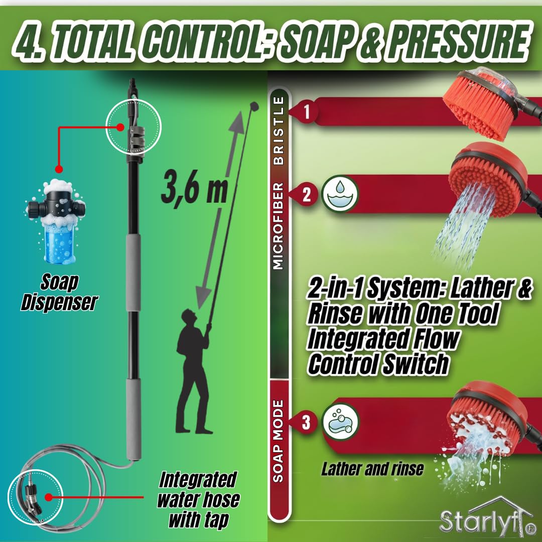 STARLYF Telescopic Rotating Scrubber szczotka do czyszczenia, obracająca się pod ciśnieniem wody, wysuwana do 3,6 m - 2 głowice do okien, podłóg, samochodów, łodzi