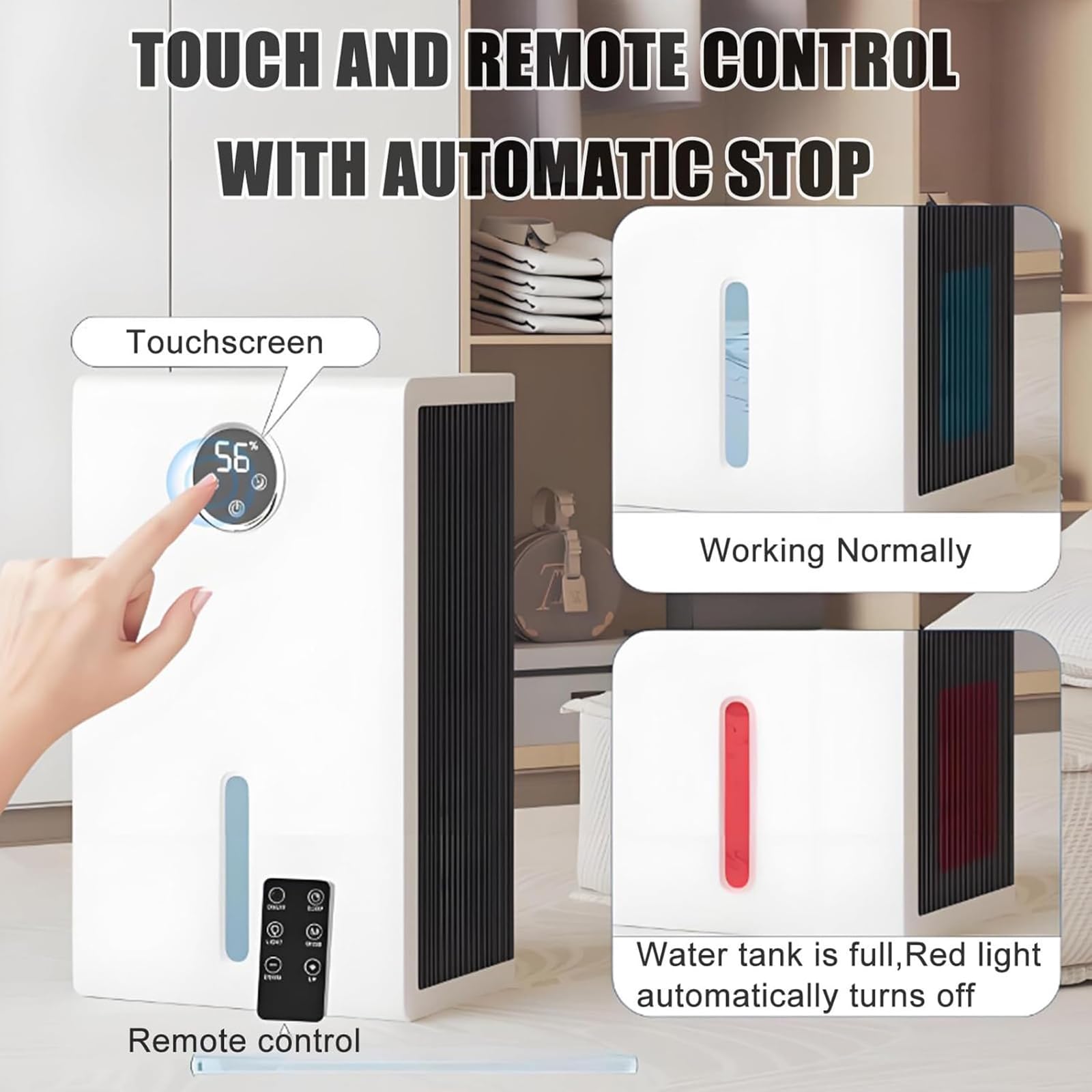 Deumidificatore con serbatoio dell'acqua da 2,2 l, timer da 12 ore, controllo remoto dell'umidità, spegnimento automatico, sistema intelligente di umidità costante per casa e ufficio