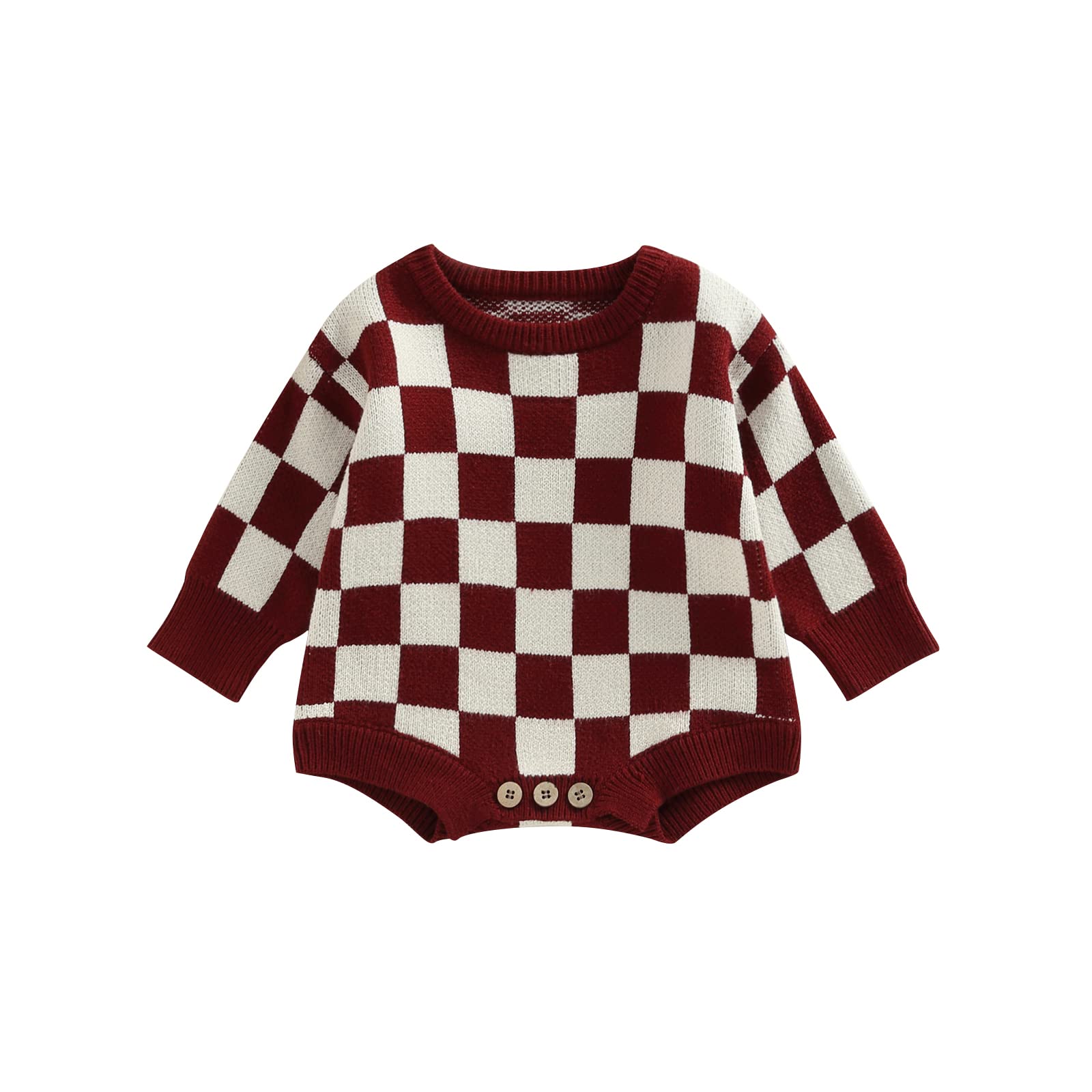 Fsadfeas Baby Sweater Newborn Girl Boy Knit Oversized Pullover Sweatshirt Romper Onesie Warm Fall Winter Clothes Outfit (Chessboard Plaid Claret,3-6 Months)