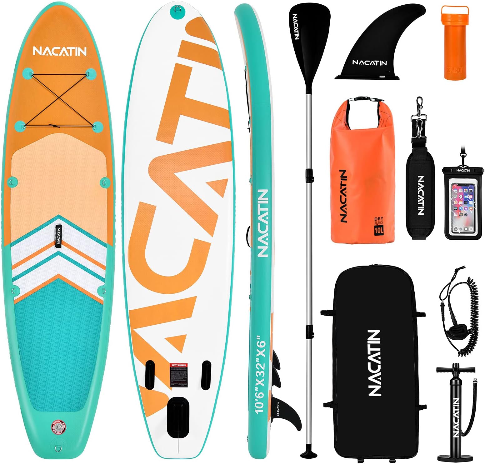 NACATIN Inflatable Stand Up Paddle Board, Upgrade Version 10.6" Paddle Board with Free Premium SUP Accessories & Backpack,10L Dry Bag, Phone Pouch, Shoulder Strap.