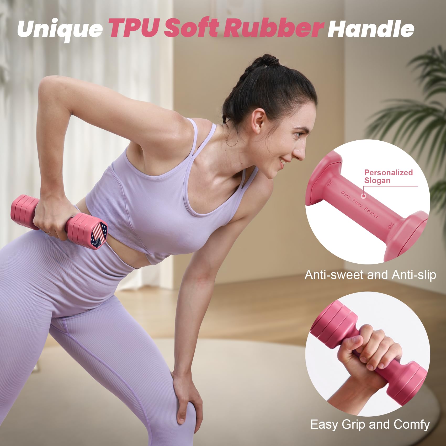 Zempox Adjustable Dumbbell Set of 2, 4 in 1 Hand Weights for Women at Home, 5 lb Weights Dumbbells set of 2, Each 2lb 3lb 4lb 5lb with TPU Soft Rubber Handle for Home Gym Exercise Training, Pink