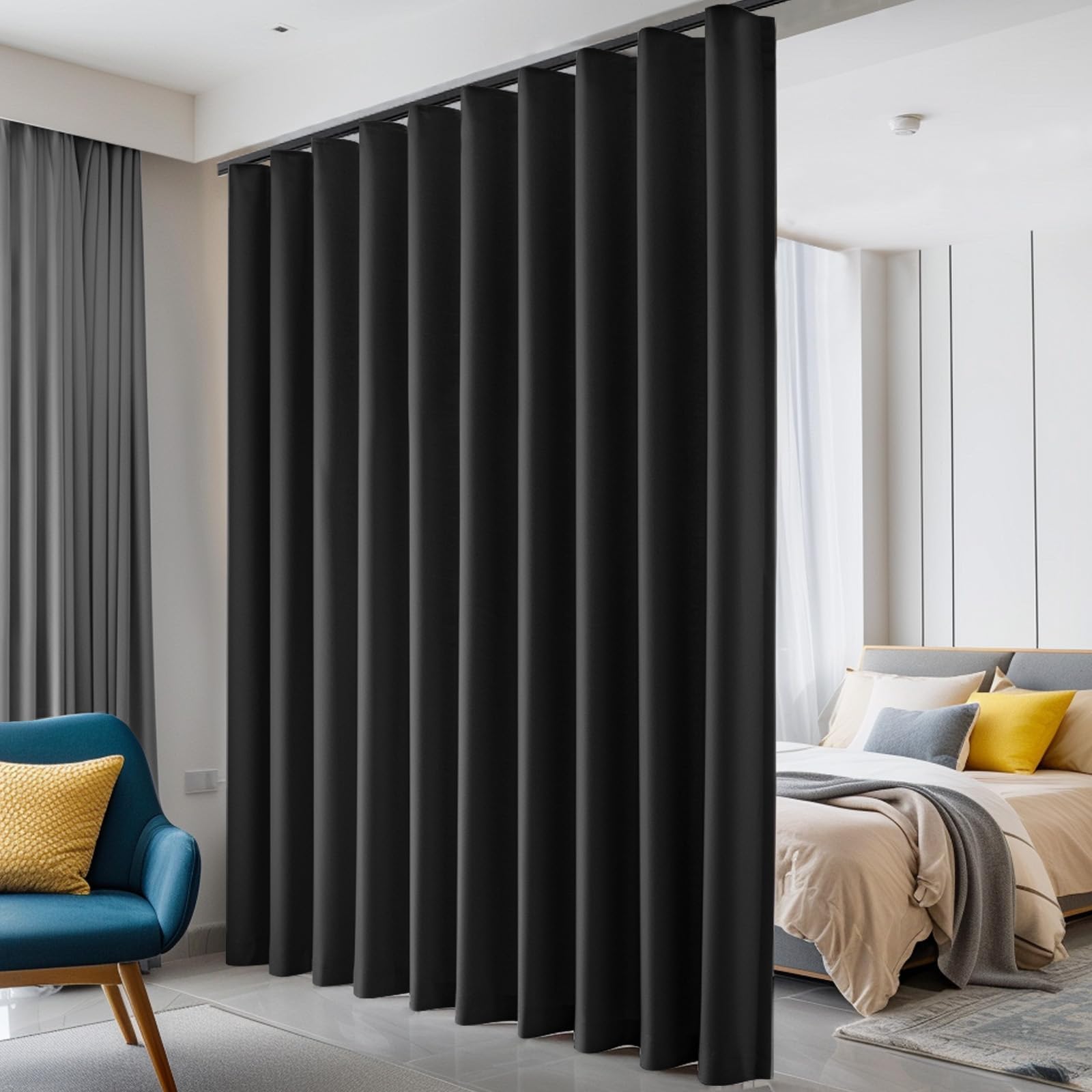 hoeflife Room Divider Curtains, Blackout Ceiling Track Curtains with Hook Sound Proof Floor Curtains Perfect for Ceiling Mount Curtain Tracks Wall Divider for Room Separation (Black, W180 x H108)