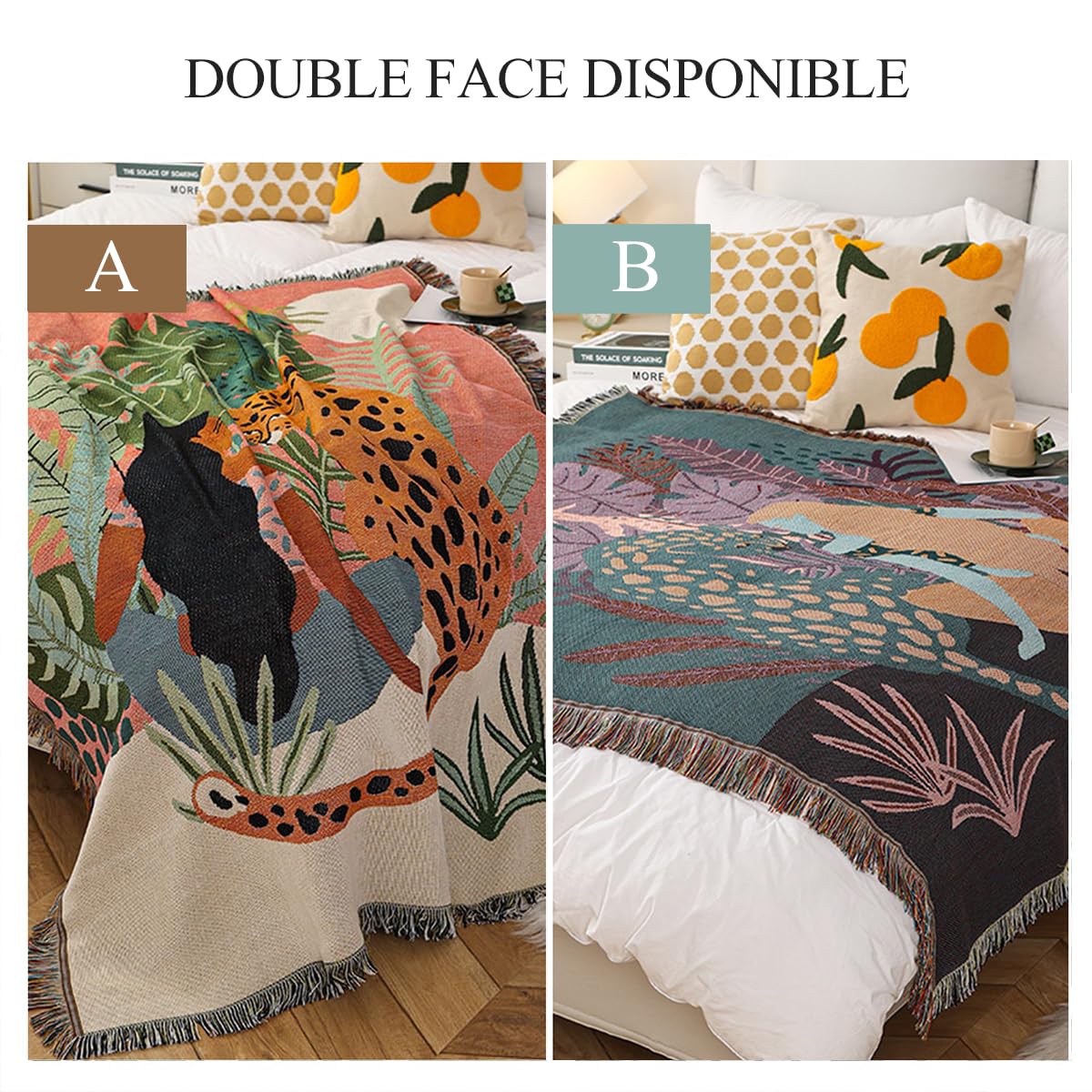 LumiSyne Double Face Couvertures Coton Tissé Jetés De Lit avec Gland Jungle Style Bohême Tapisserie Châle Décorative Jeté De Canapé Couvre-Lit Couverture De Camping Nappes Tapis 160x130cm