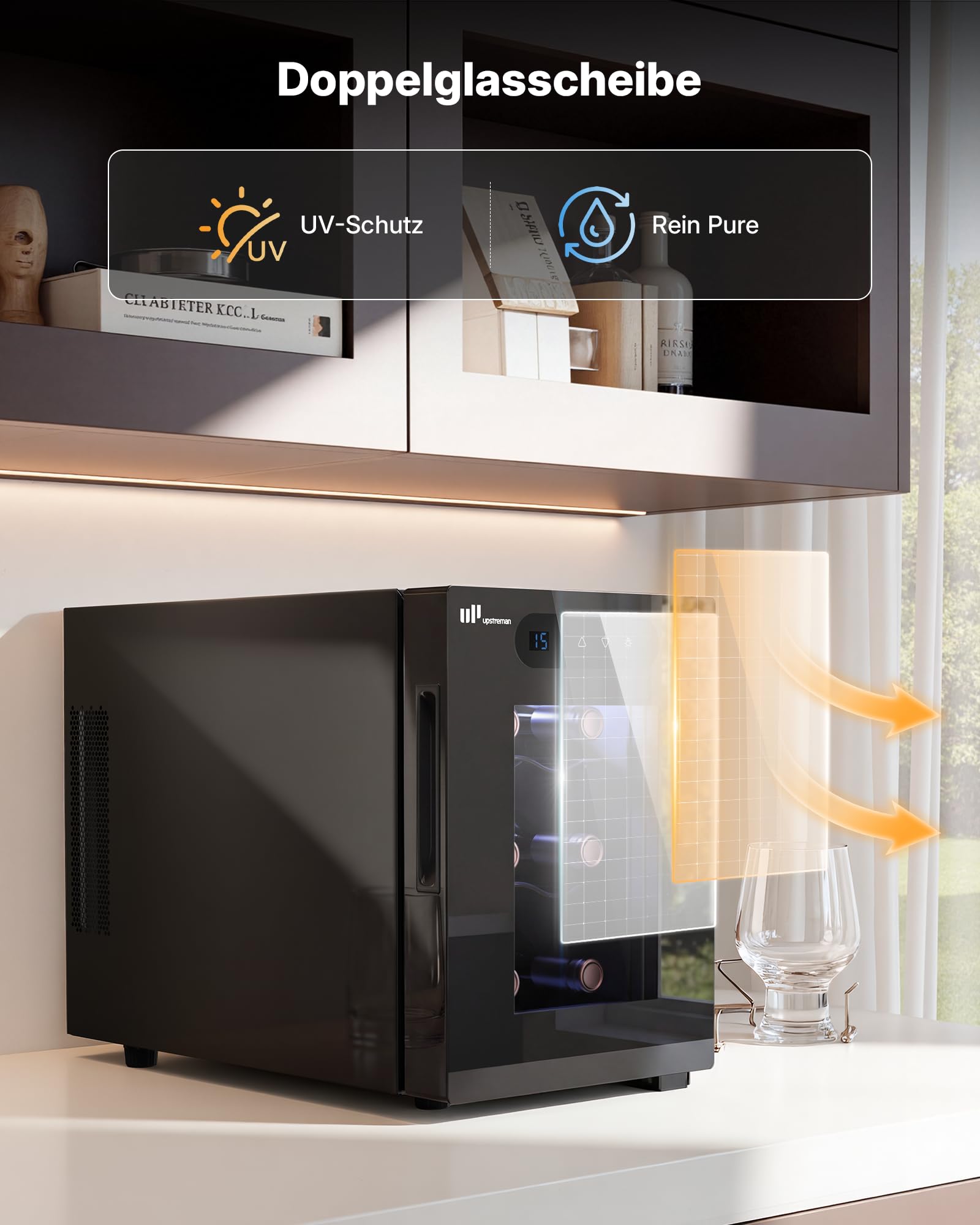 Upstreman Weinkühlschrank Klein 6 Flaschen 5-18℃ einstellbar Glastür Weinkühler Elektrisch Touch-Display LED-Innenbeleuchtung Wine Fridge W6