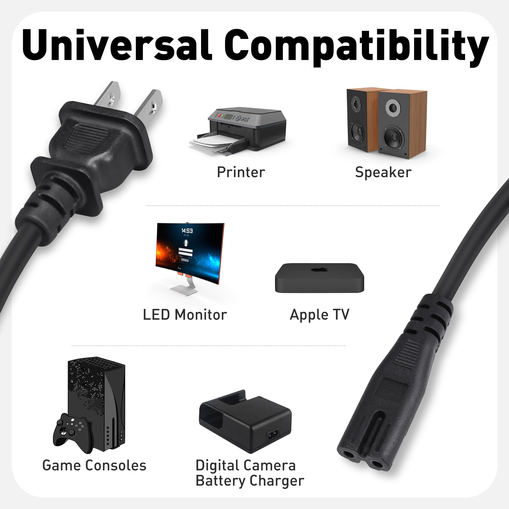 POWERCORDS - Paquete de 2 cables de alimentación de CA en espiral de 2 clavijas de 6.5 pies, en espiral con figura 8 cable de alimentación compatible con Samsung LG Sony Insignia Toshiba Hisense PS5,