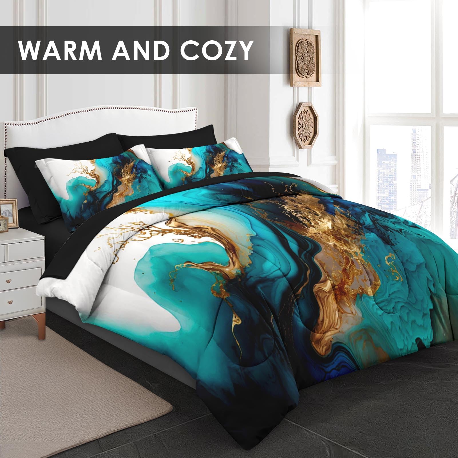 Pamnest Comforter Set Full Size, Mint Green Marble Gold 7 Pcs Bedding for Kids and Adults, Teal Turquoise Blue Bed Sheet Sets with Fitted Sheet 2 Pillowcase & 2 Sham for Bedroom Bed Decor