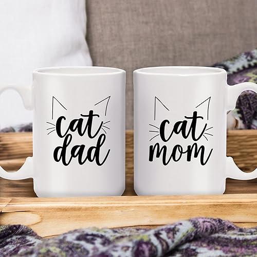 Miniatura 5 de Juego de tazas a juego de Cat Dad Cat Mom  2 tazas jumbo de cerámica blanca de 15 onzas  divertido juego de tazas de café para amantes de las