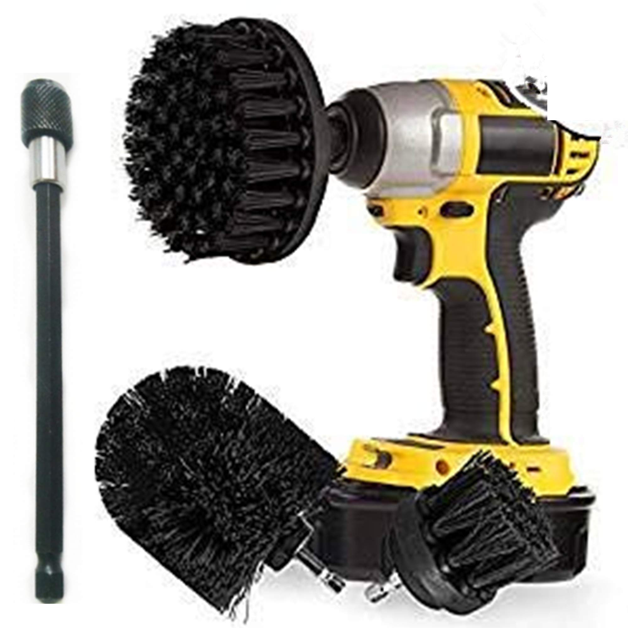 HUAWELL Ultra Stiff Drill Brush Power Scrubber Kit - 3 PCS Black Nylon Drill Brushes & 6 Inch Extender - Grill & Hard Surface Cleaning Brush Set