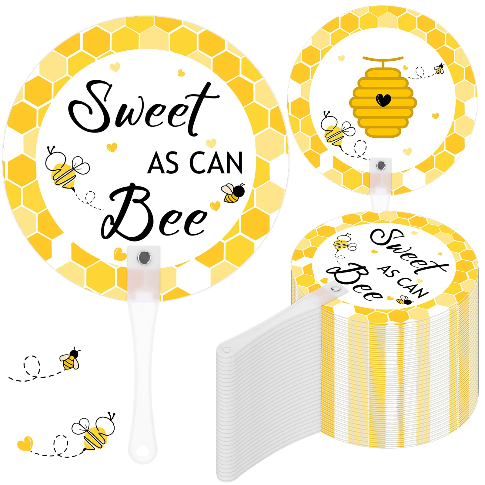 Photo 1 of ***BOX DAMAGED*** Roowest 50 Pack Shower Paper Fans Bulk, Bee Themed Handed Fans for Guests Sweet as Can Bee Plastic Handle Double Sided Shower Party Favor for Ceremony Wedding Thank You Gifts