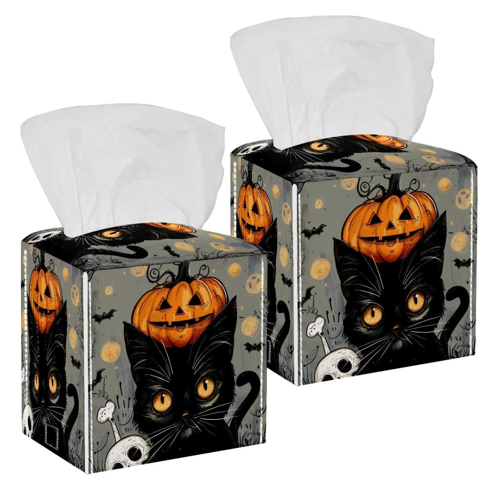 Halloween Cat Pumpkin Skull Tissue Box Cover, 2 Pack PU Leather Square Facial Tissue Dispenser Box holder for Home Office Car