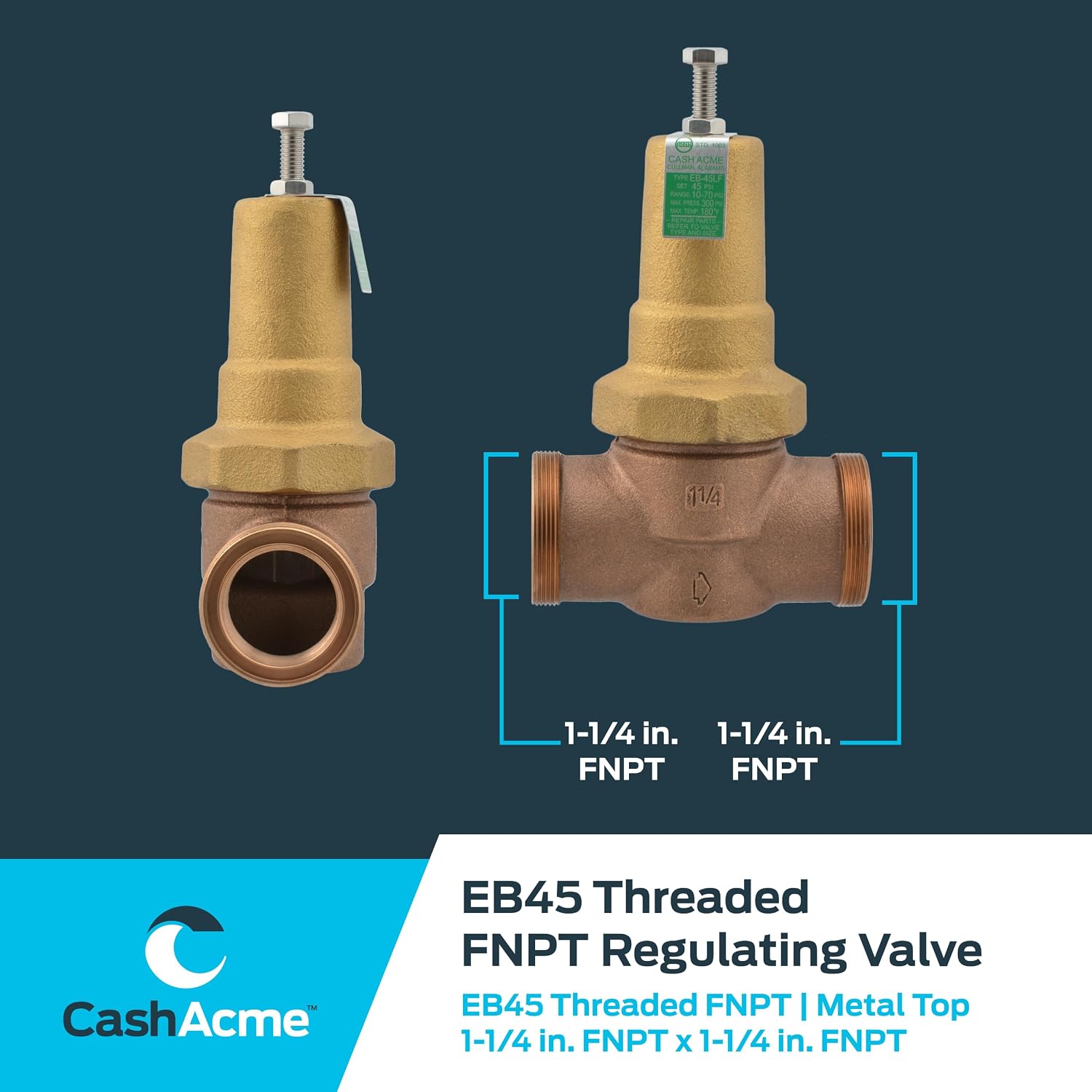 Cash Acme 1-1/4 Inch EB45 Pressure Regulating Valve (PRV), Threaded NPT, 45 PSI, 23166-0045