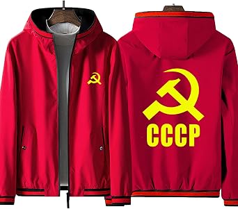 Mens Zip Up Sports Jacket Soviet Communism CCCP Sign Uniform Coat Windproof Hooded Top Unisex No Shirt