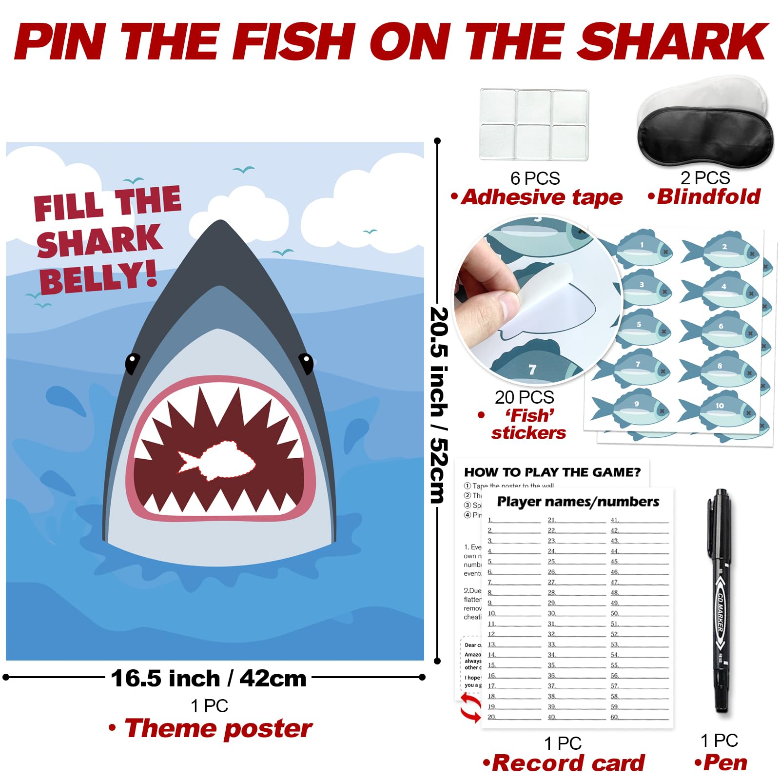 PARTYLOUD Shark Party Games, Pin The Fish on The Shark, Baby Shark Party Games Party Birthday Party Fun Games Supplies Decorations Decor for Kids Families Adult Groups