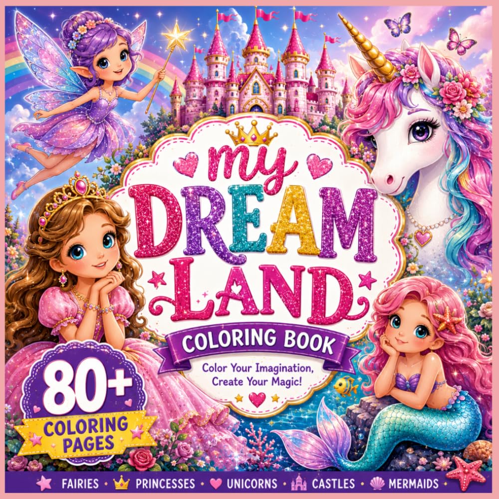 MY DREAM LAND : FAIRY, PRINCESS, UNICORN, CASTLE & MERMAID COLORING BOOK FOR KIDS: "A Magical Fairytale Coloring Adventure for Kids Ages 3-8 Featuring ... & Castles | Easy, Fun & Relaxing pages"