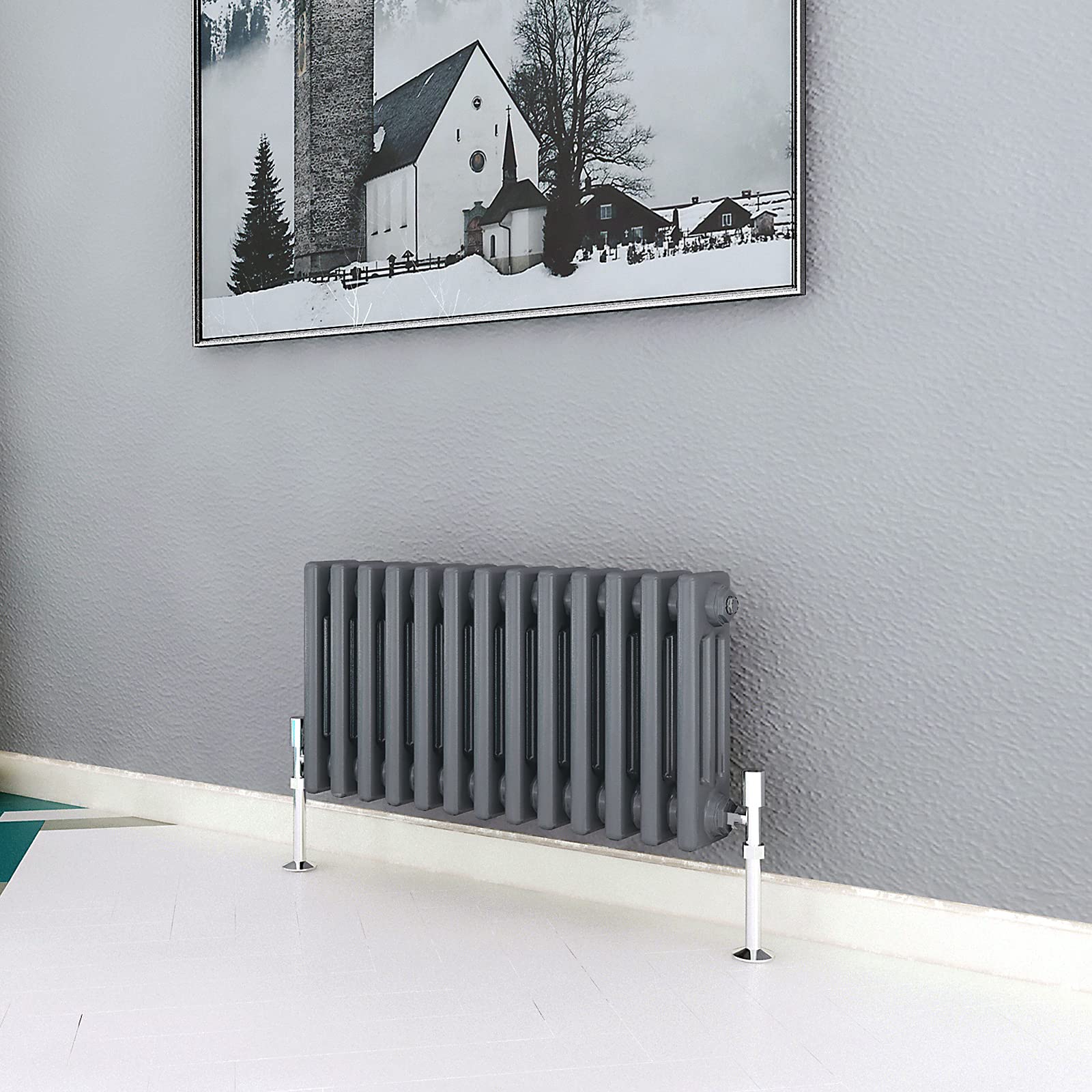 Acezanble∣3 Column Radiator, Horizontal 300mm Anthracite Wide Low Cast Iron Style Radiator Centre Heating for Window Hallway — image 1