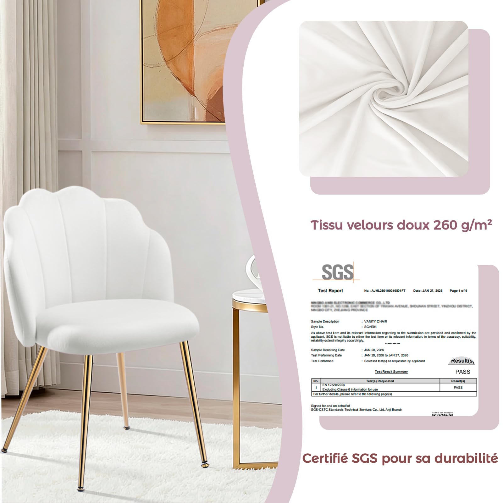 Chaise Coiffeuse Velours Blanche - Fauteuil Coquille Pieds Dorés Design pour Chambre Salon Fille, Facile à Monter