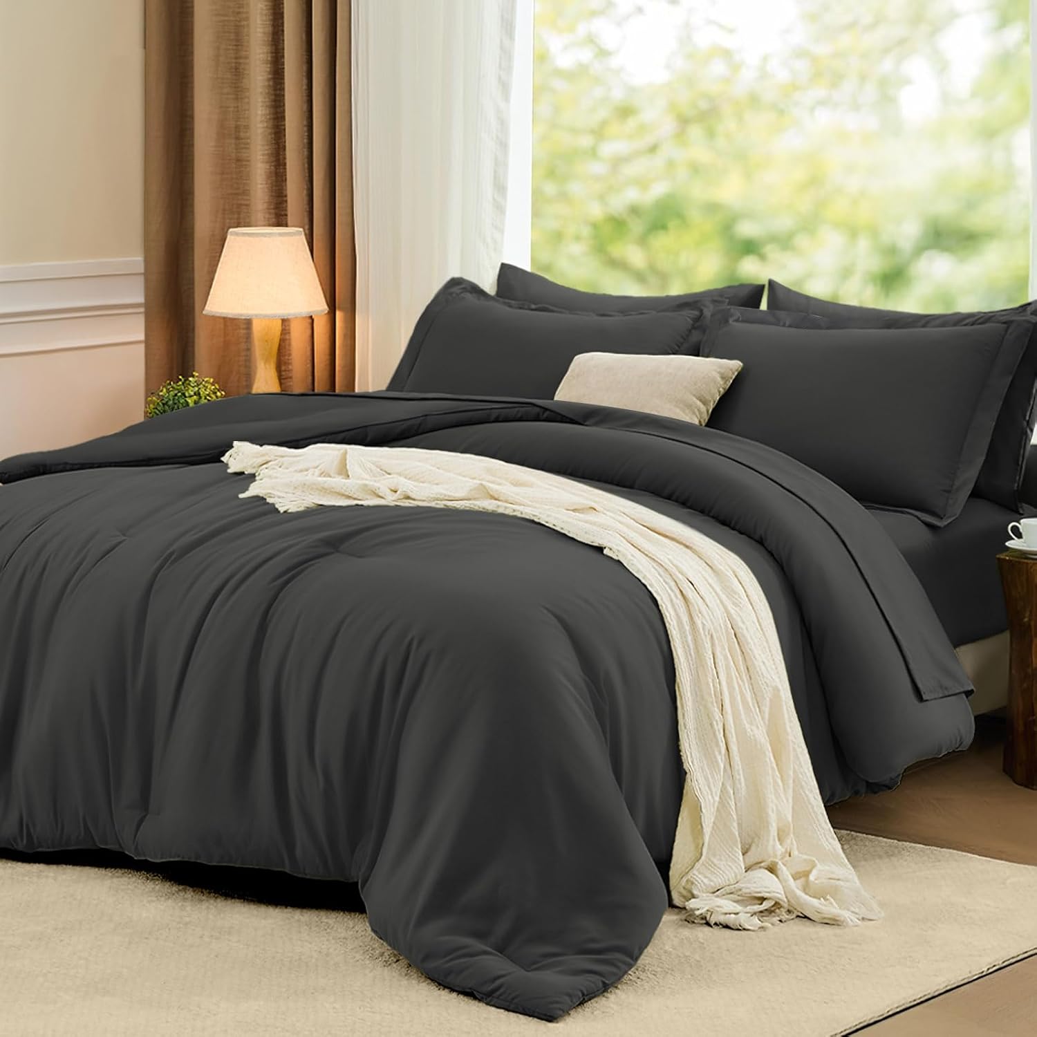 FUANNA Queen Comforter Set Dark Grey, 7 Pieces Soft Bedding Sets Queen Size, All Season Lightweight Bed in a Bag with Comforter, Flat Sheet, Fitted Sheet, Pillowcases & Shams