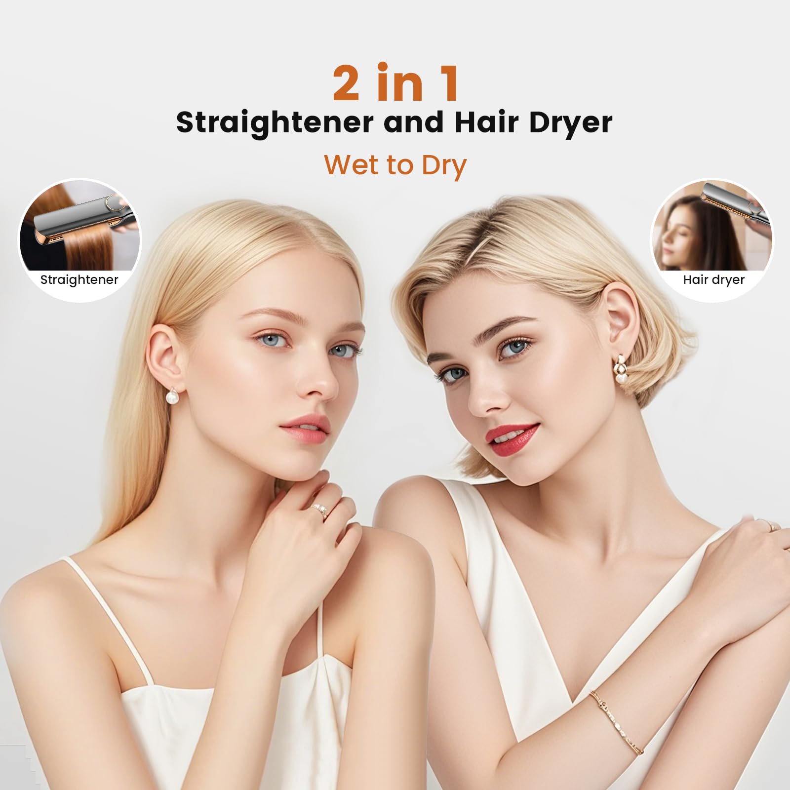 Sèche-Cheveux Lisseur 2 en 1, Lisseur à Air Ionique 200 m/min - Plasma Coiffage Mouillé à Sec, Sans Dommage Thermique, Séchage & Lissage Rapide pour Cheveux Mi-Longs à Longs - 4 Réglages Température