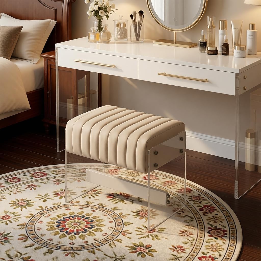 Acrylic Leg Makeup Stool, Channel-Tufted Upholstered Ottoman, 16.5" x 12.6" x 15.3", 600 lb Capacity, Beige