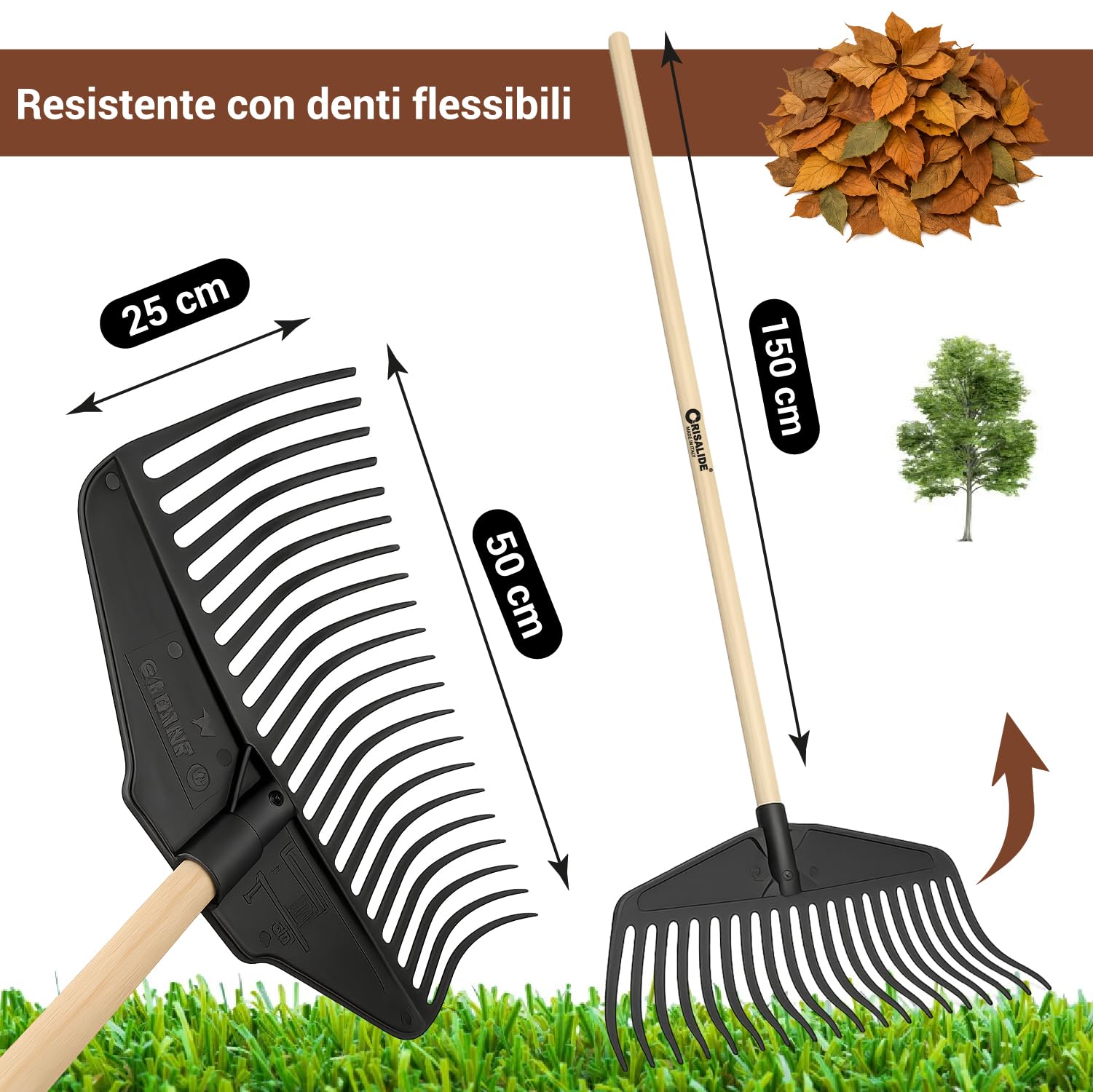 Crisalide® Rastrello da Giardino per Foglie con Manico in Legno 150 cm – Testa Larga in Plastica Flessibile – Ideale per Foglie, Paglia ed Erba – Attrezzo Leggero, Resistente e Maneggevole