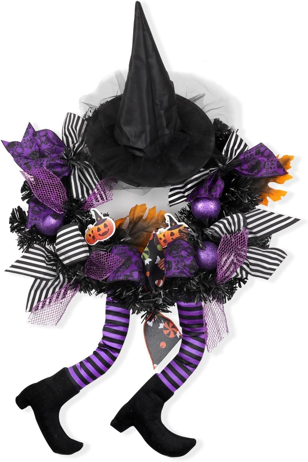 FLASH WORLD 18 inch Witch Halloween Wreath, for Front Door Decoration with Skeleton Artificial Bone Orange Ornaments Maple Leaf for Party DecorHat Legs Pumpkin Door Artificial Handmade (Orange 1)