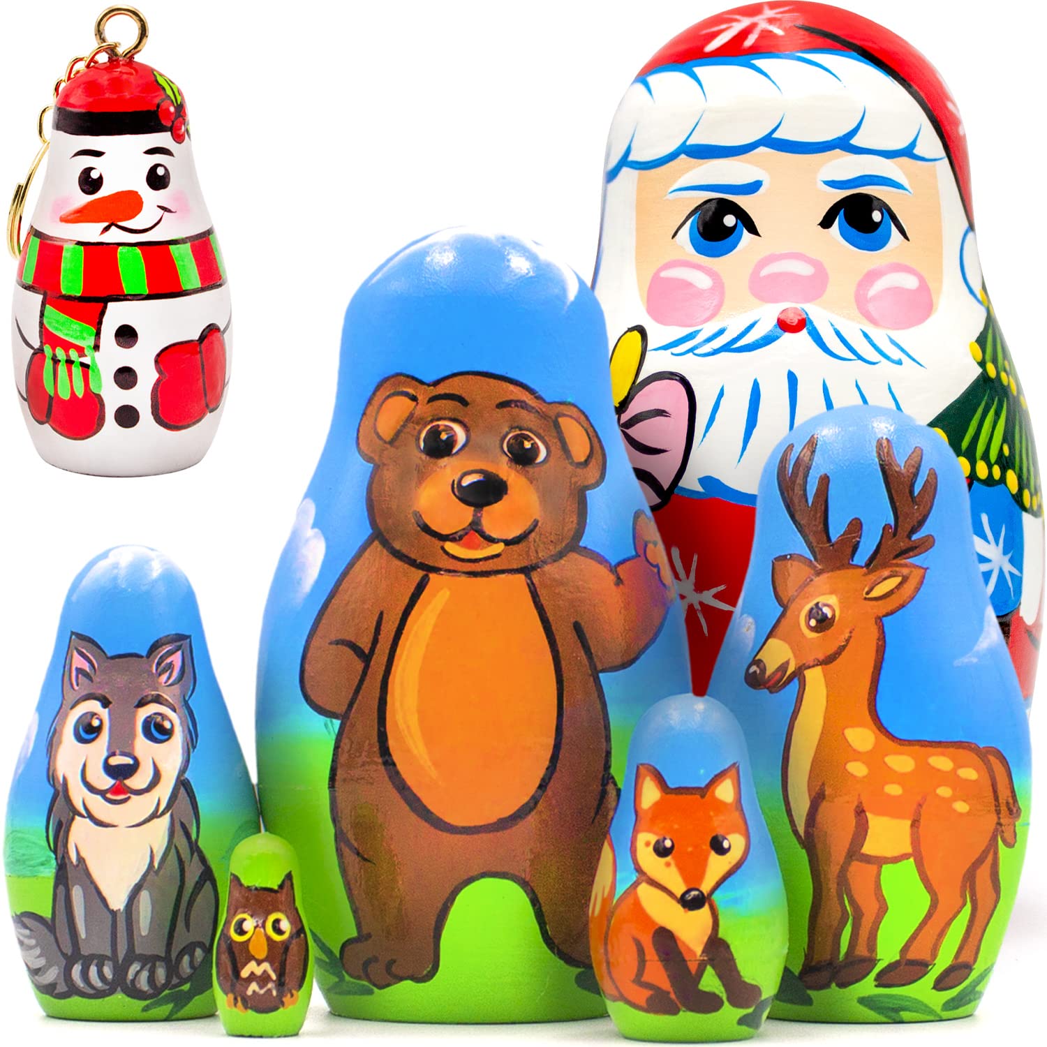Christmas Forest Animals Nesting Dolls Set 5 pcs - Santa Nesting Dolls - Christmas Animals Gift - Xmas Wild Animals Toys - Christmas Keychain Snowman