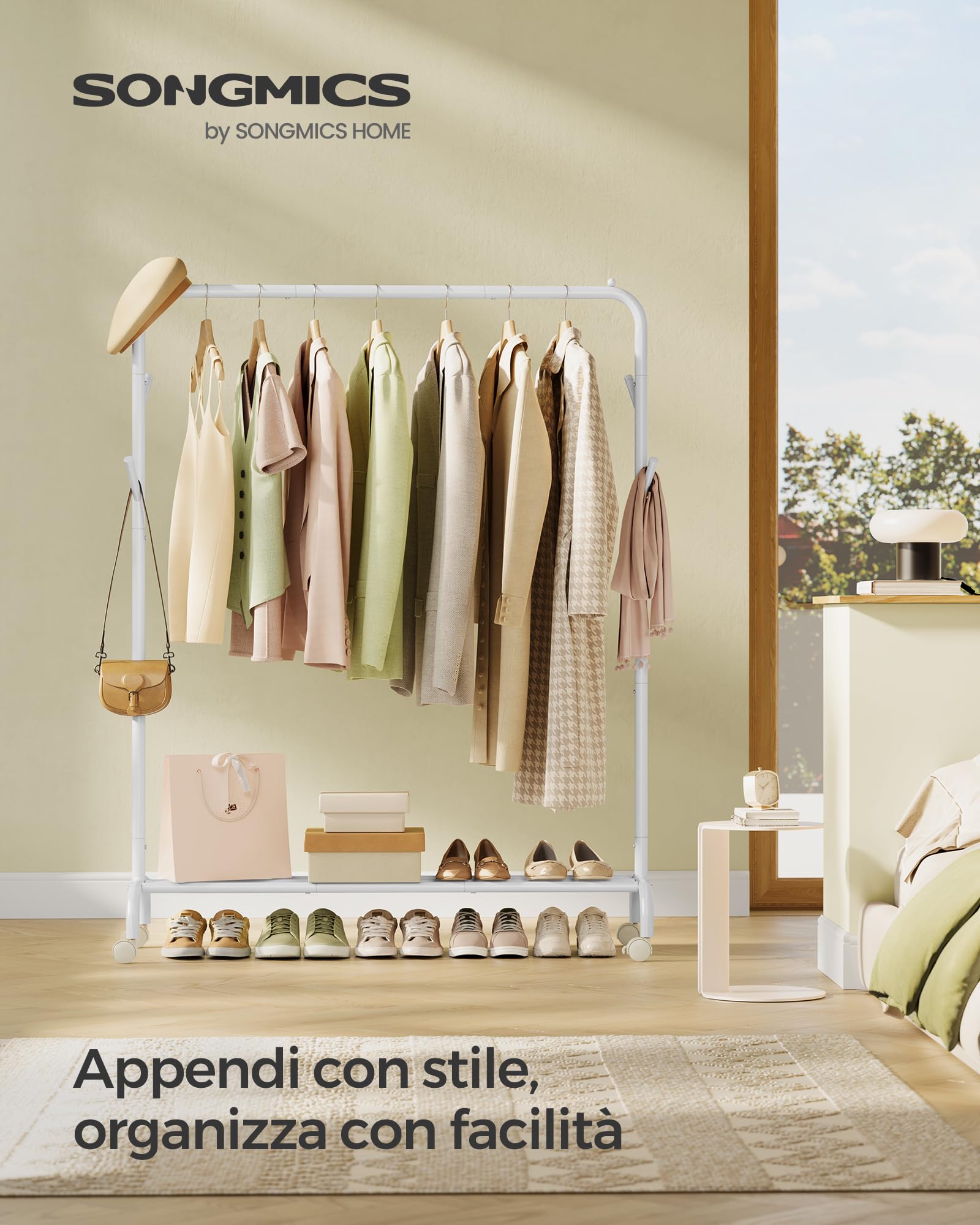 SONGMICS Appendiabiti singolo, struttura in metallo resistente, con ruote e ripiano, portata massima 50 kg, larghezza 103,5 cm, colore: bianco nuvola HSR131W01