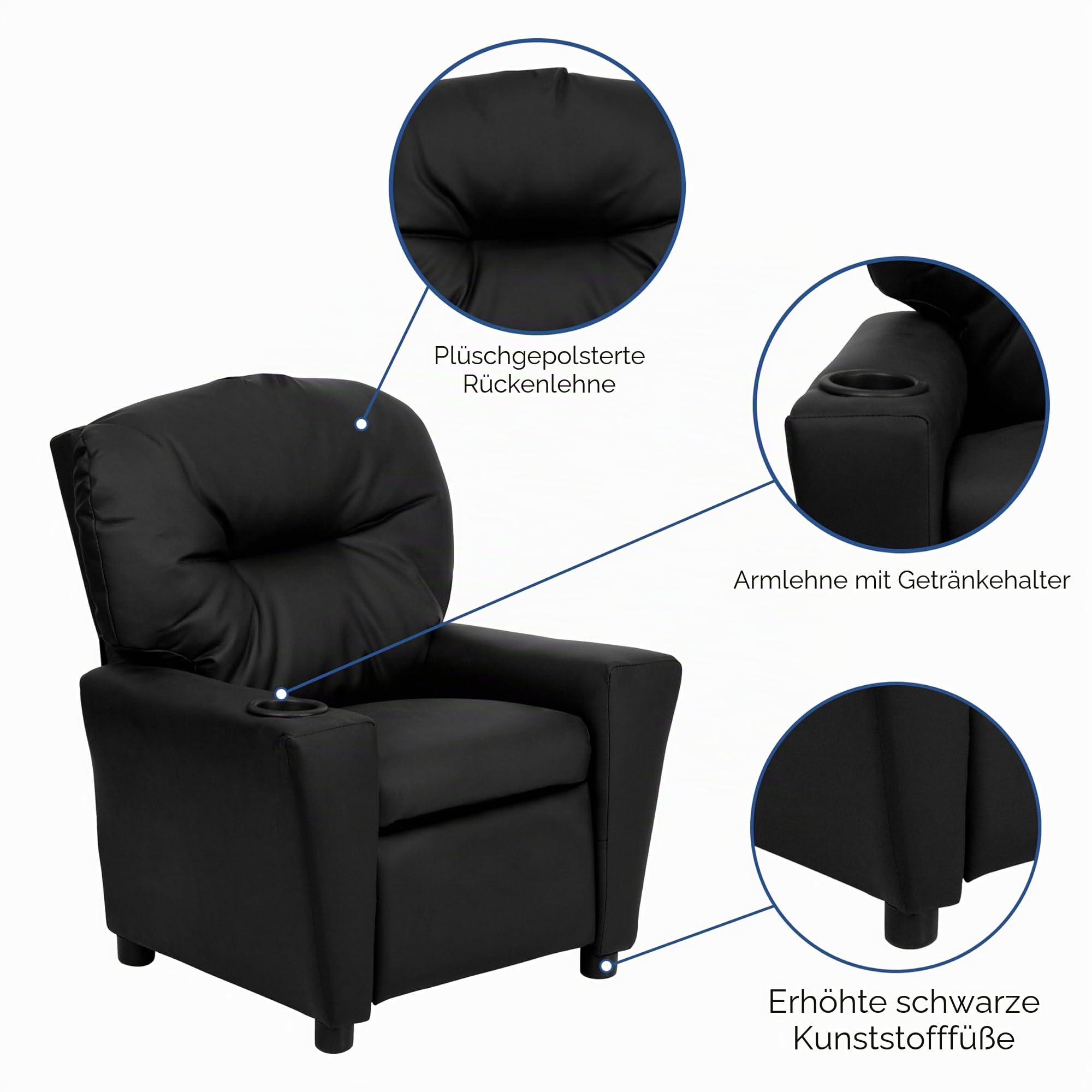 Flash Furniture Contemporary Kids Recliner with Cup Holder, Leather, Black LeatherSoft, Set of 1