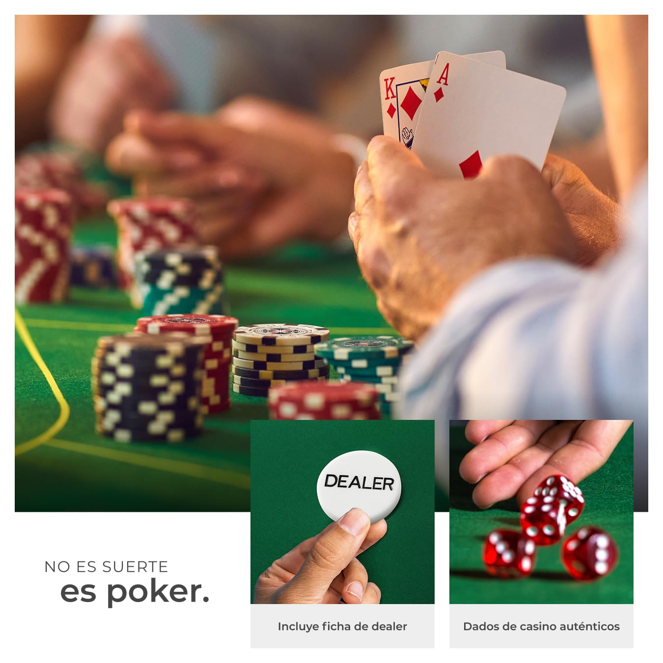 tectake 402559 Maletín de Póker Aluminio con Fichas Láser Poker Chips, 500 Pieza, Incl. 5 Dados + 2 Barajas de Cartas + 1 Ficha de Dealer, Plateado
