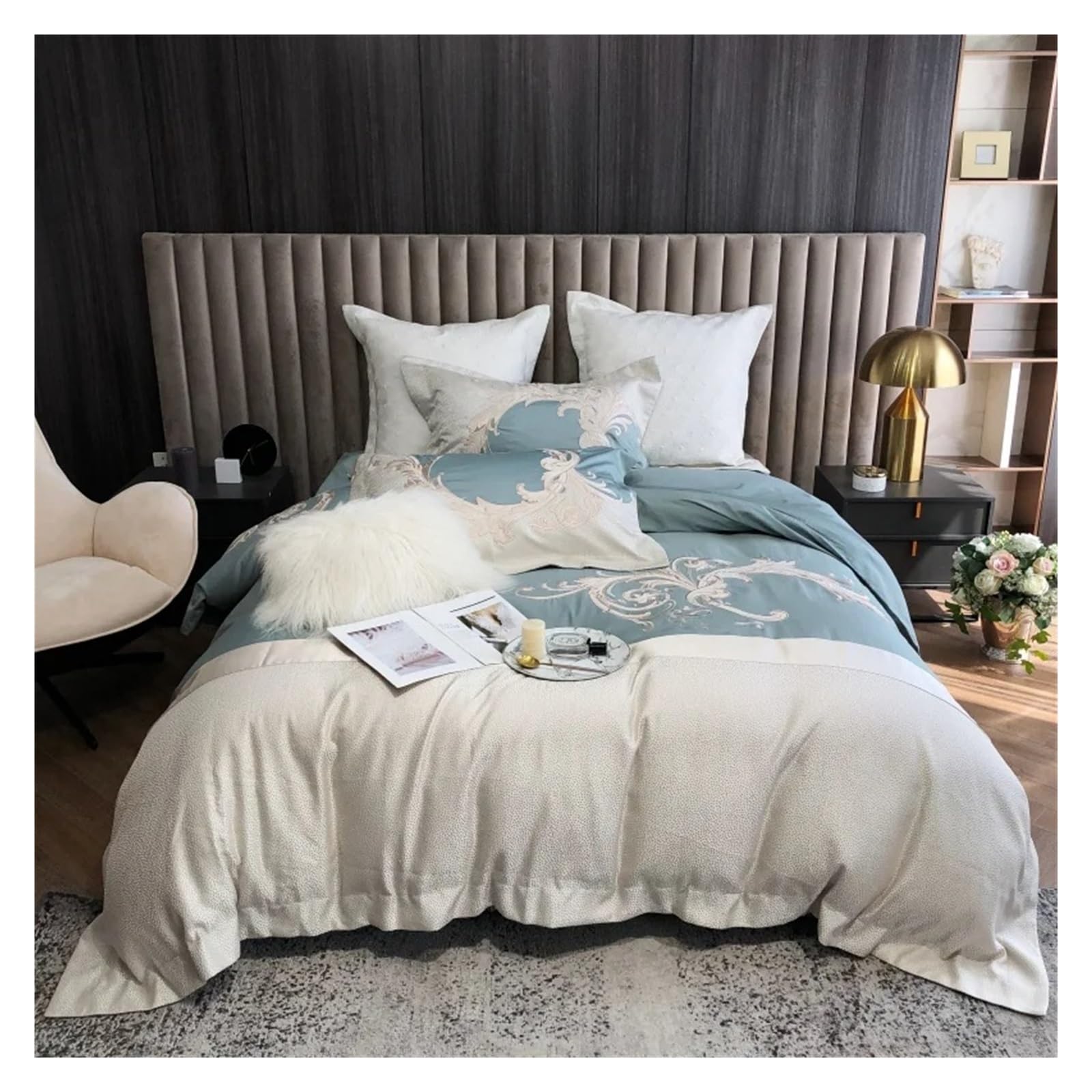 ZXGRfdefa Bedding Set, Luxury Embroidery Bedlinen Bedding Set 1200TC Egyptian Cotton Duvet Cover Flat Sheet Pillowcases 4pcs(Queen size 4 pcs)