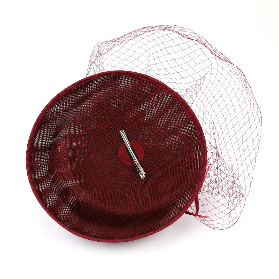 LYGBAOFUL Tocado de Plumas de Velo, Sombrero Formal para Boda, Mujer, Tocado de Iglesia, Tocado para Fiesta de té y cóctel (Borgoña)