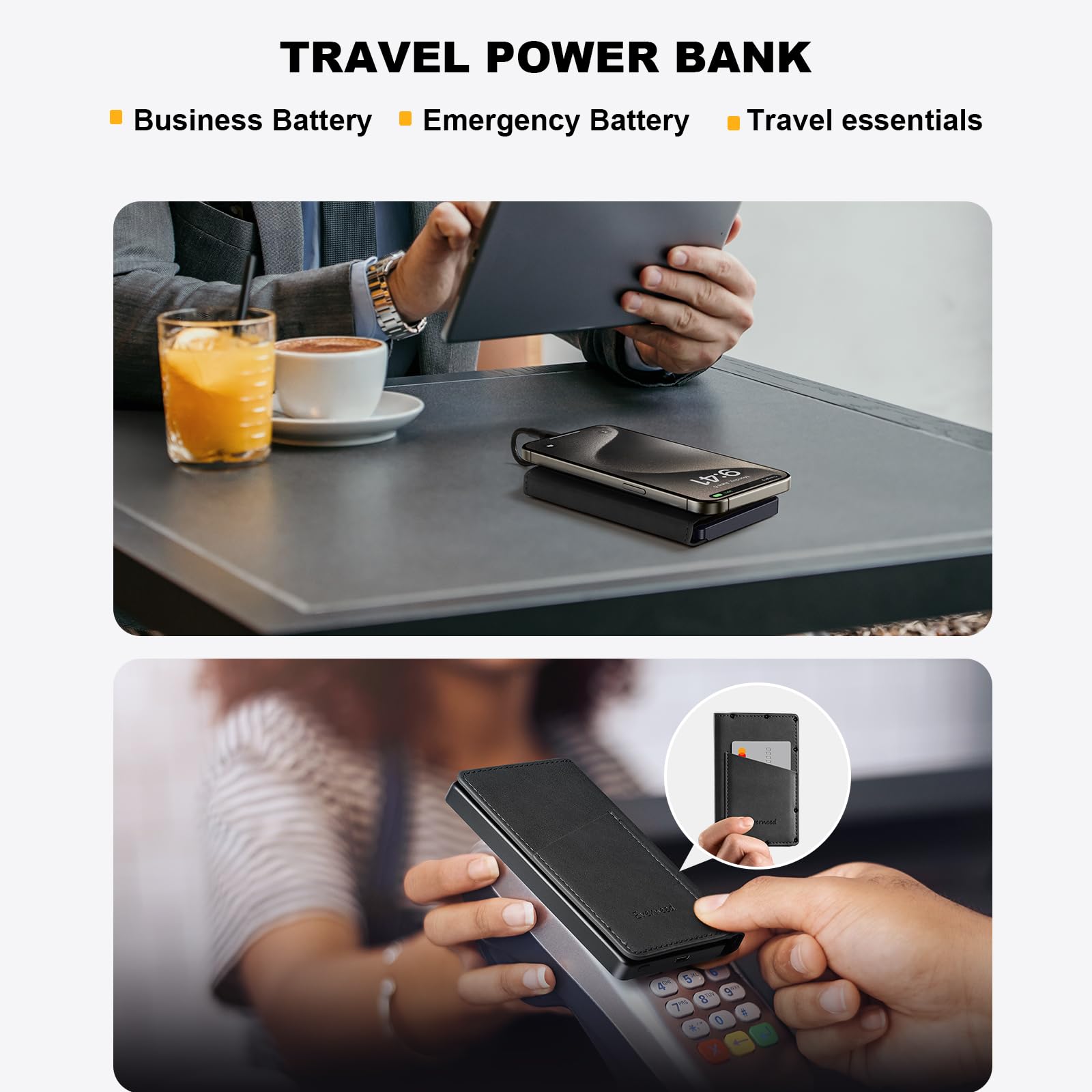 Portable Wallet Power Bank Slim 5000mAh Travel Essentials Battery Charger with USB C and Lightning Cables for iPhone, iPad, Samsung, Pixel, LG, Moto, Android, Compatible with Multiple Devices