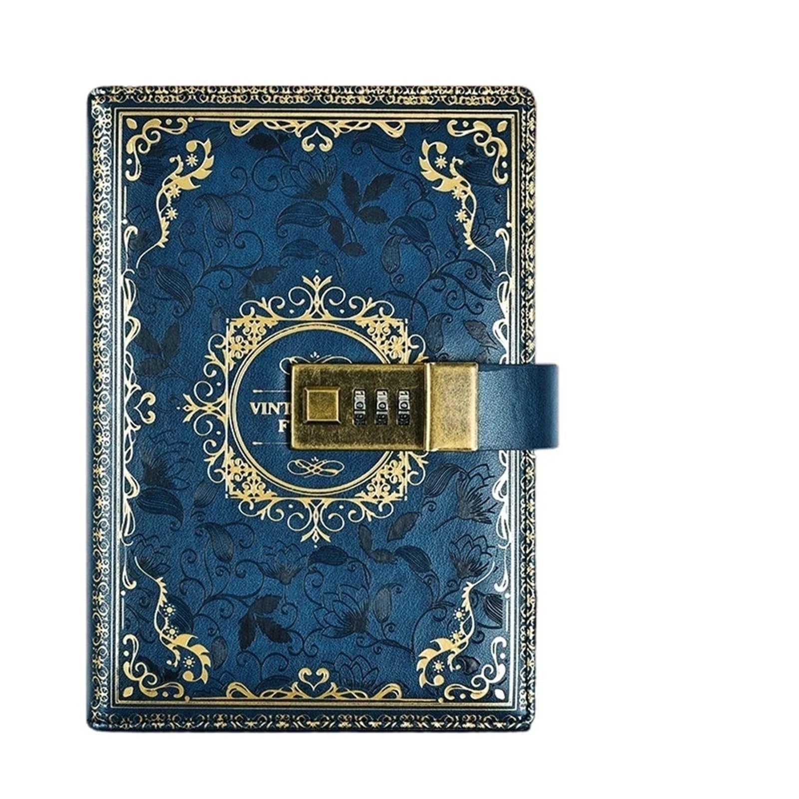 Diario con Candado Diario B6 con cerradura, tapa de cuero, cuaderno, contraseña, agenda, planificador, papelería, bocetos, organizador, estilo retro, flores, oficina(Blue)