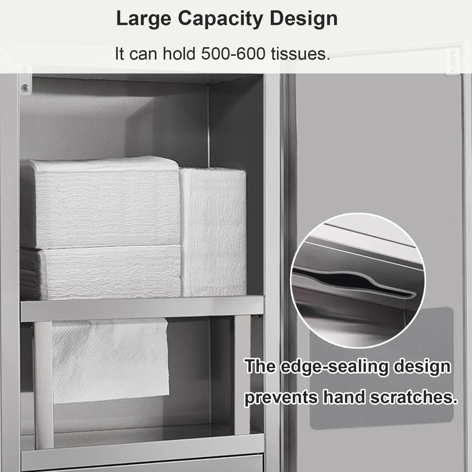 Dispensador comercial de toallas de papel con cubo de basura, acero inoxidable 304, soporte para toallas de papel de baño para baños de alto tráfico, diseño que ahorra espacio
