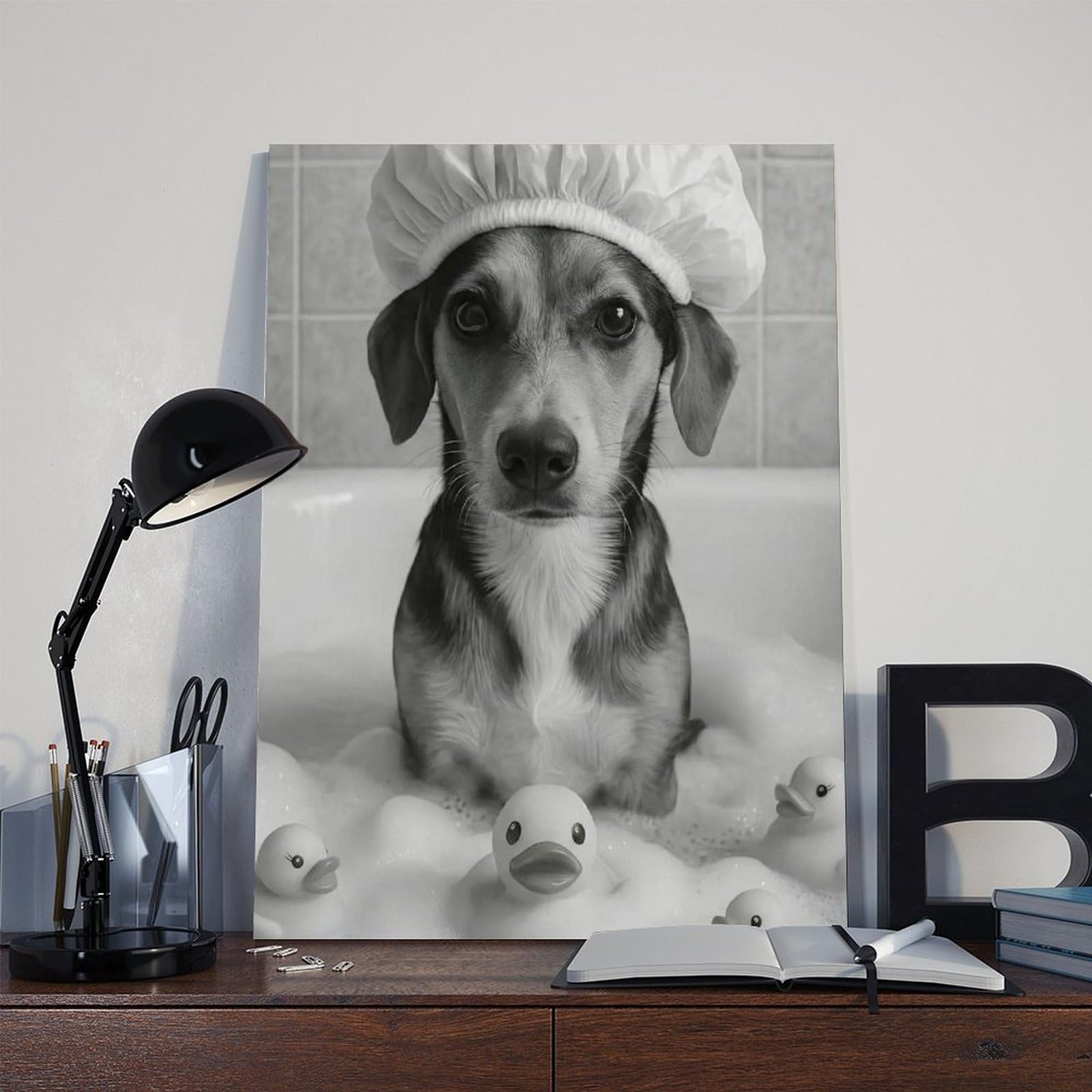 Lustiger Hund in der Badewanne, niedlicher Welpe mit Duschhaube, Leinwandposter, Wandkunst, Dekordruck, Bild Gemälde für Wohnzimmer, Schlafzimmer, Dekoration, 50,8 x 76,2 cm (L x B)