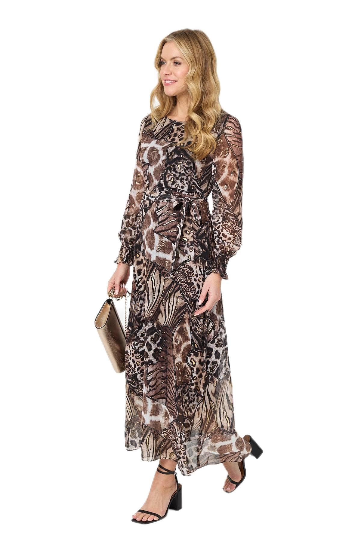 Izabel London Women's Brown Embellished Animal Print Maxi Dress In | Size: 16