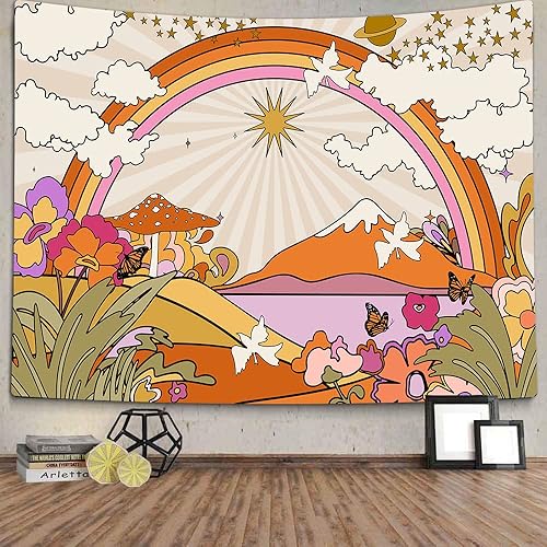 TOMOZ Vintage 70s 60s Groovy Tapestry, Retro Flowers Clouds Sun and Rainbow Tapestry Wall Hanging, Orange Boho Aesthetic Tapestries for Bedroom Living Room Dorm Decor 60 x 51Inch - 60"L x 51"W